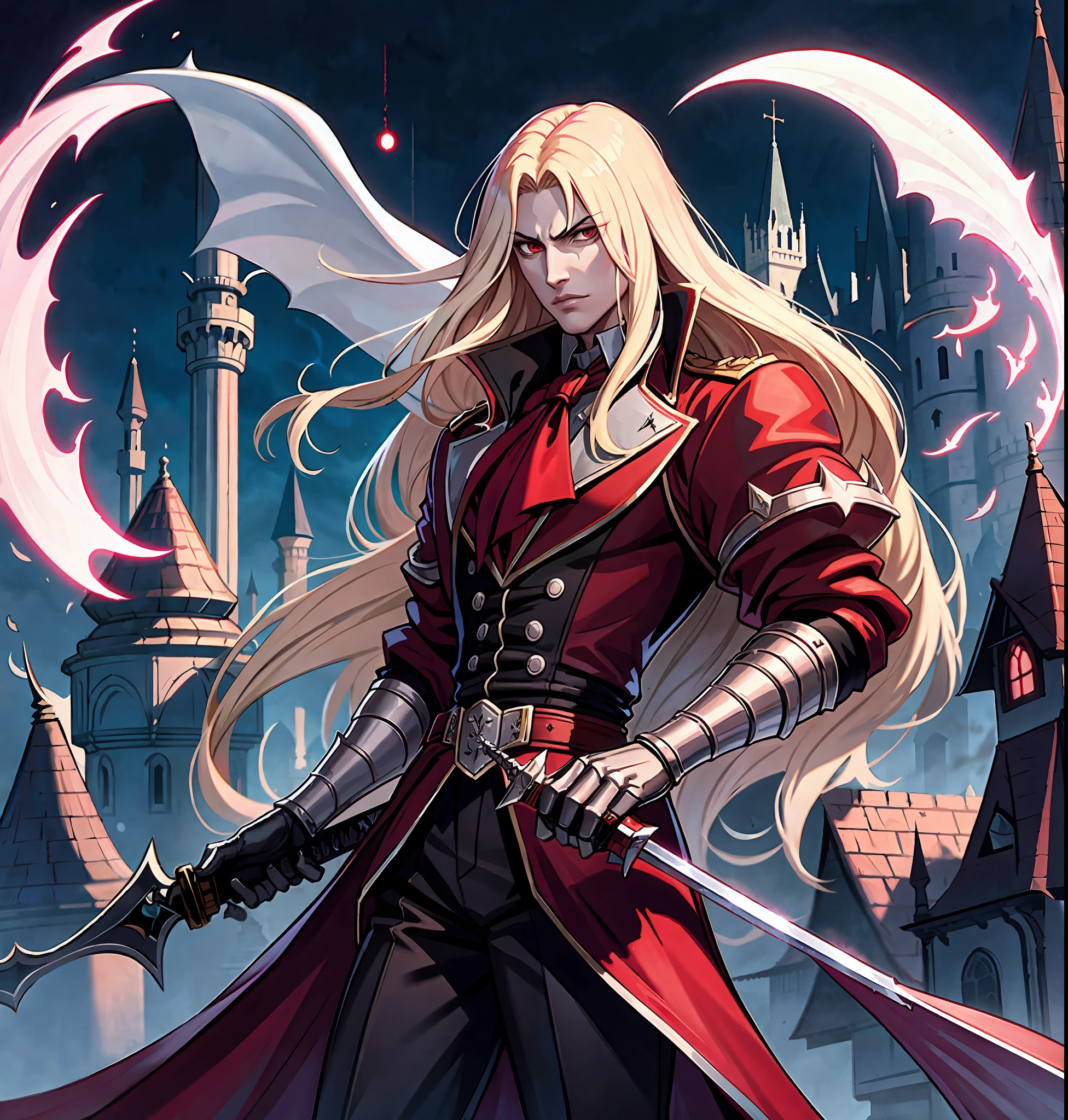 alucard Castlevania Netflix, fighting posture with a sword, night, castle,