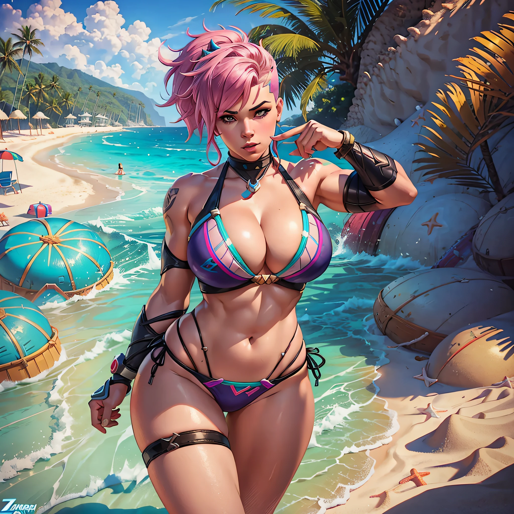 (female character:1.1), (video game:0.8), (beach bikini:1.4), pose (sensual:1.3), Zarya (from overwatch:1.2) --auto --s2