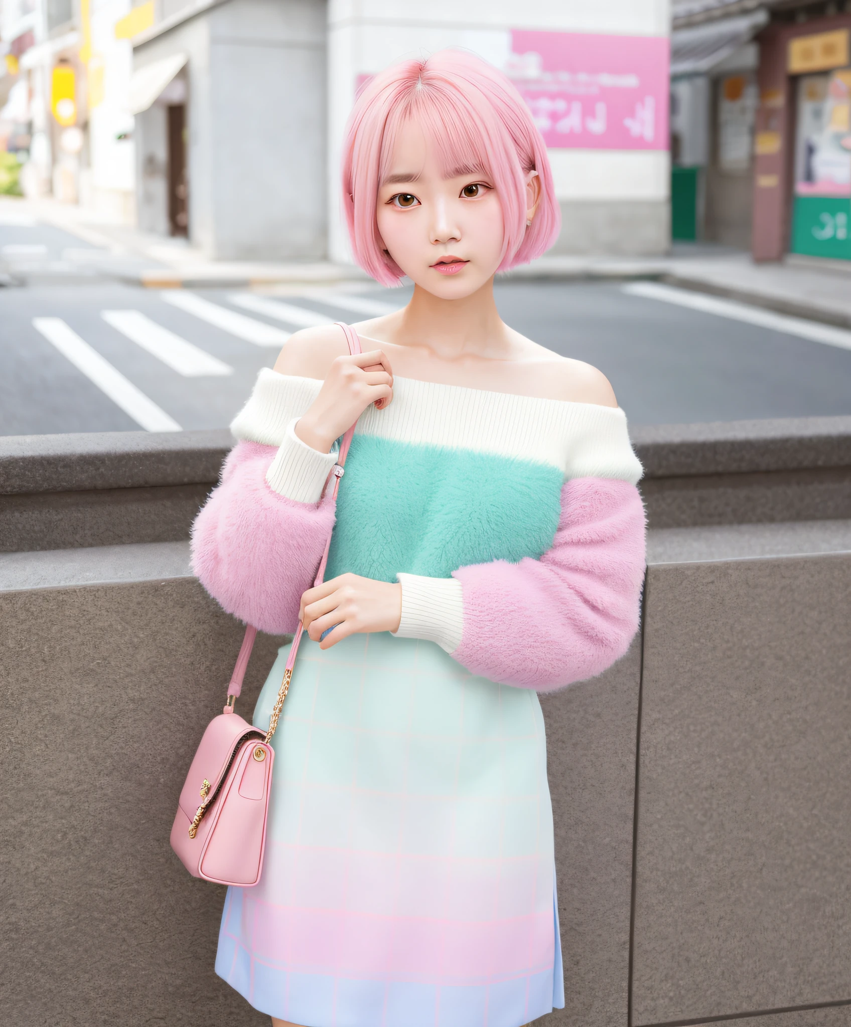 Alafe woman in off-the-shoulder poses for photo, Korean female fashion model, woman in cute pastel shades, short hair, Chie Yoshii style, bewitching look, street fashion in Japan city, shot with Canon EOS 5d Mark IV, shot with Canon EOA 6d Mark II, pastel, gorgeous young Korean woman, city street