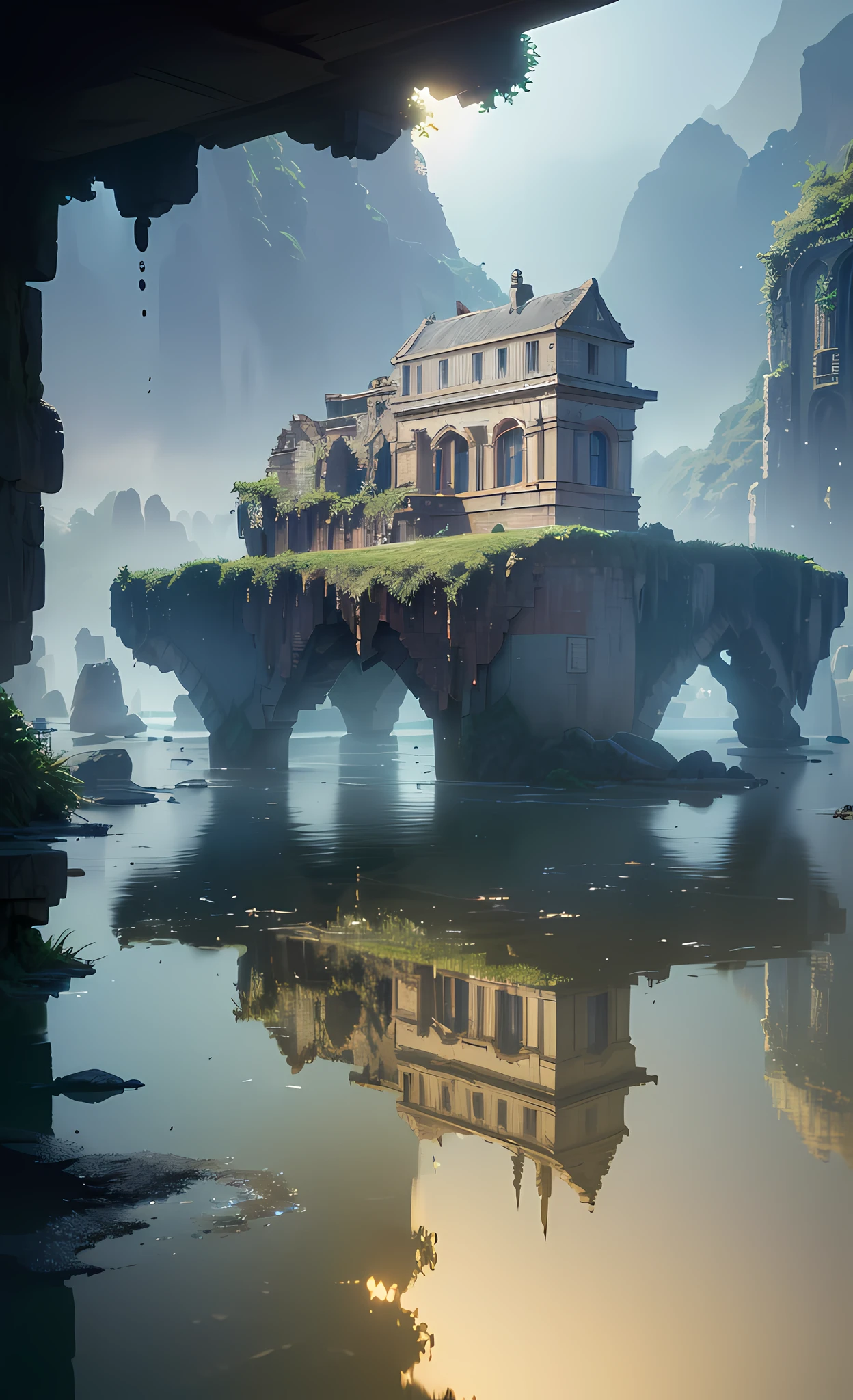 (8k, RAW photo, best quality, masterpiece:1.2), (realistic, photo-realistic:1.37), octane render, ultra high res, ultra-detailed, professional lighting, photon mapping, radiosity, physically-based rendering, ue5, ((island sanctuary)), ((ancient fallen kingdom)), ((reflections in water)), ((raytracing)), ((drowned city))