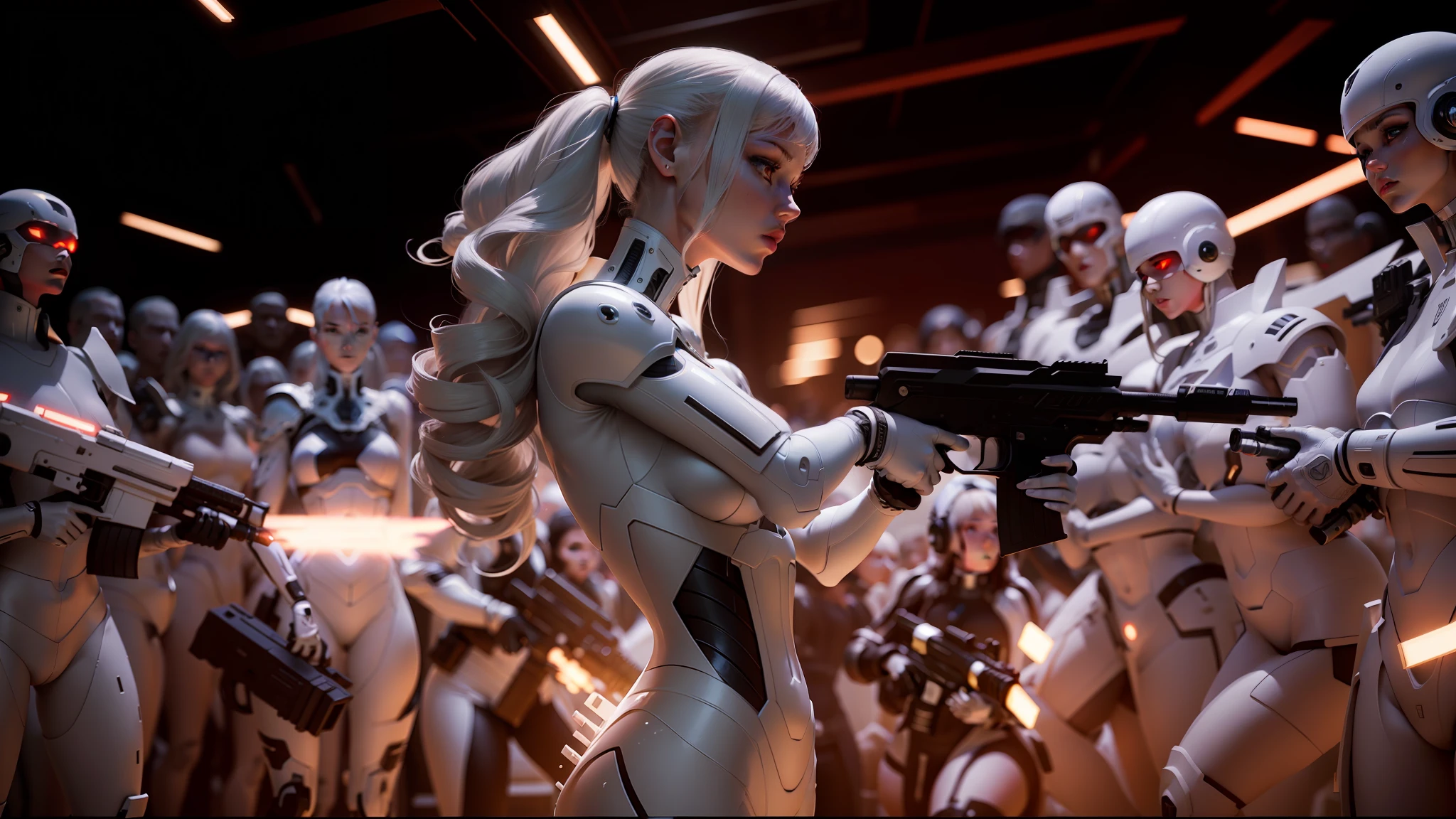 there is a woman holding a gun in front of a group of people, white cyborg fashion shot, animation film still, bluray image, by Alexander McQueen, angel in plastic armor, movie still of the alien girl, rednered with raytracing, cybergods --ar 16:9 --auto --s2