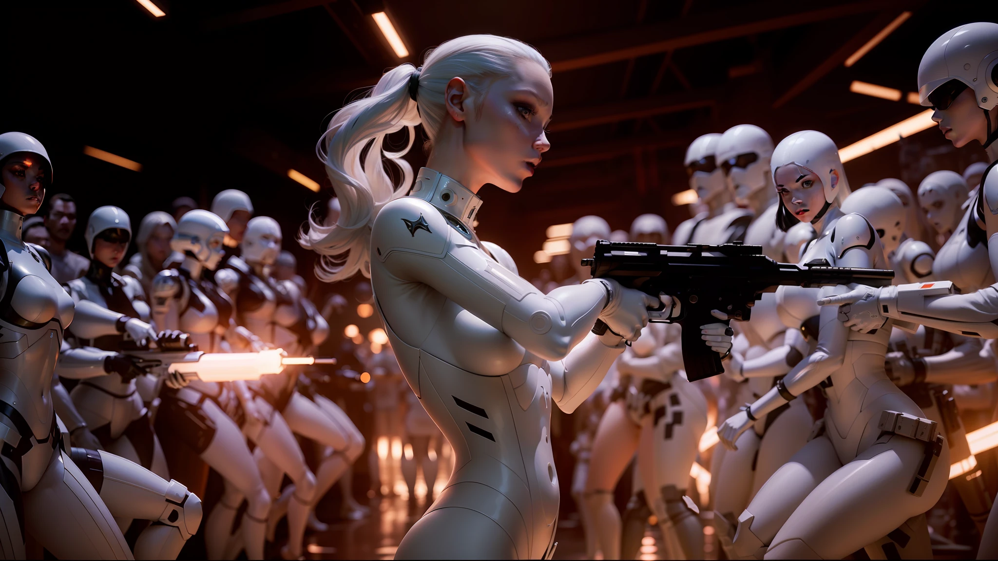 there is a woman holding a gun in front of a group of people, white cyborg fashion shot, animation film still, bluray image, by Alexander McQueen, angel in plastic armor, movie still of the alien girl, rednered with raytracing, cybergods --ar 16:9 --auto --s2