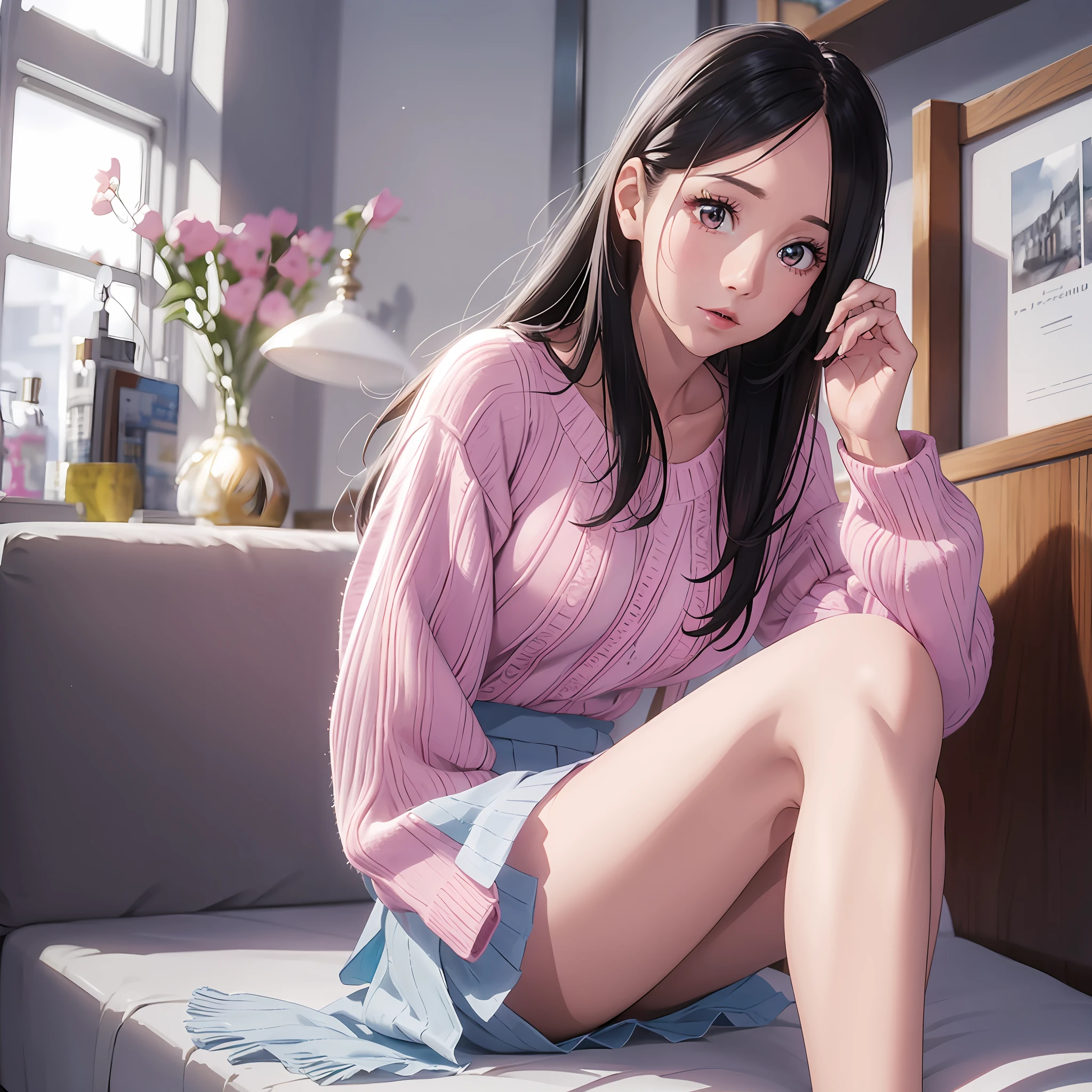 Photo quality, high quality, realistic, high-quality outfit, detailed and delicate skin, perfect finger modeling, light makeup, indoors, knitted, long sleeves, pink, white, denim mini skirt, skinny, black hair, semi-long hair, thin legs, whitening skin, negative prompts: funny fingers --auto --s2