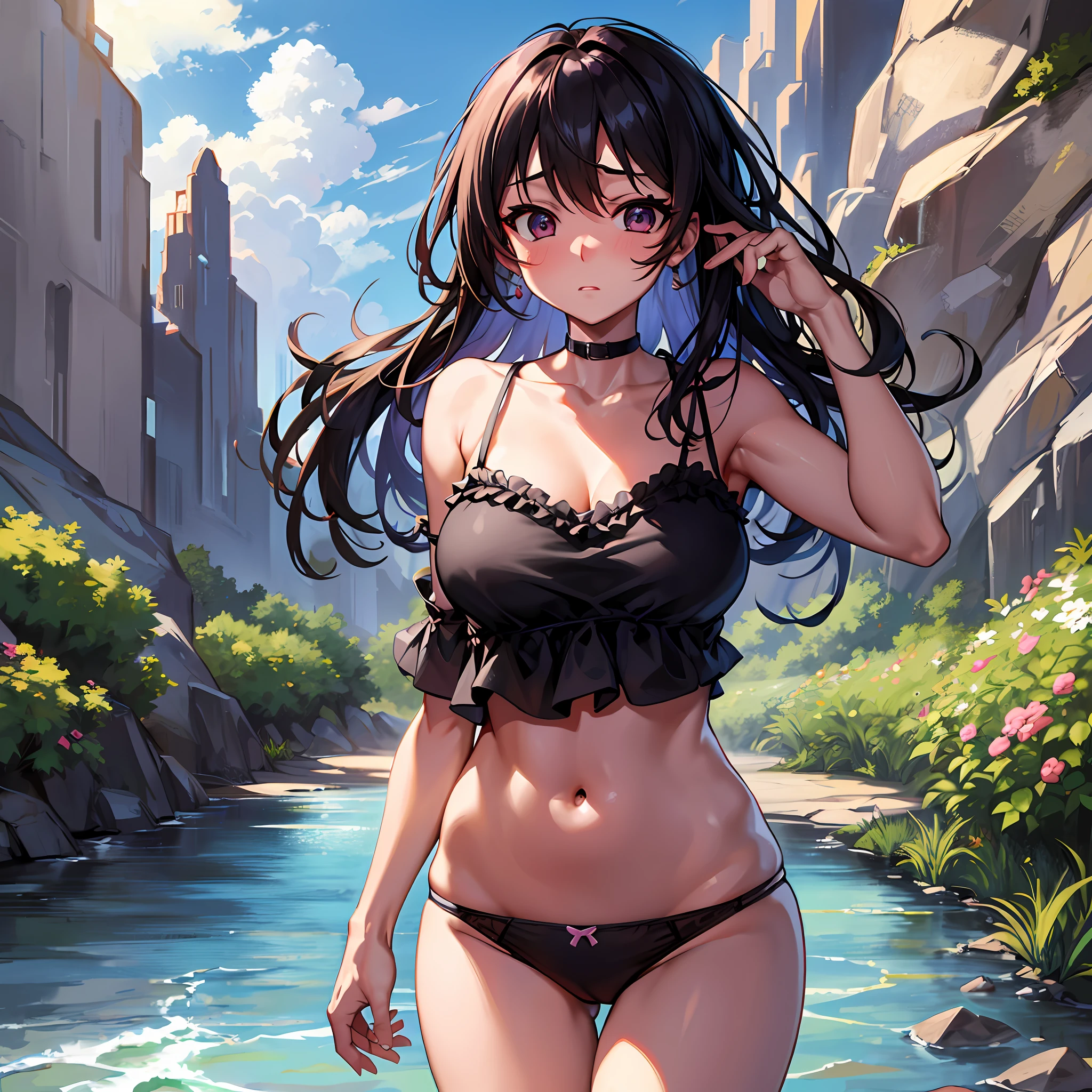 Makima, surreal proportions, embarrassed, eye on the viewer, panties, floss, black