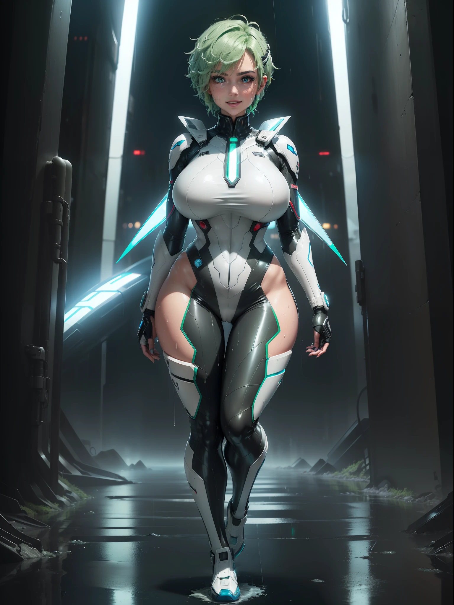((full body image, standing, feet on the ground)), (((Luana/Woman)) ({with large breasts, black with white parts/kamen Rider/Ultraman/futuristic/transparent cemi costume, with blue jewelry on the breastplate of the suit,/extremely tight on the body}). In a futuristic city with heavy rain charged clouds in the night sky. Luana has (({short green hair with clips, blue eyes})), ({her hair and her clothes are extremely soaked}), exhibitionist landing, is (staring at the viewer, smiling). {red cheek, front}, anime, anime style, mortal kombat, 16k, UHD, best quality, high quality, award winning, anatomically correct, masterpiece