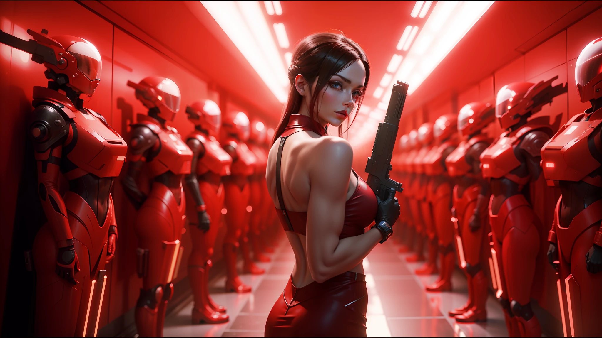 there is a woman in a red dress holding a gun, still from alita, kylie minogue, with neon lights, hydraulics, by Radi Nedelchev, monochromatic red, futuristic production facility, ava max, high gloss, inspired by Jean Auguste Dominique Ingres, futuristic cloning facility, futuristic hall, lifelike. sci - fi --ar 16:9 --auto --s2