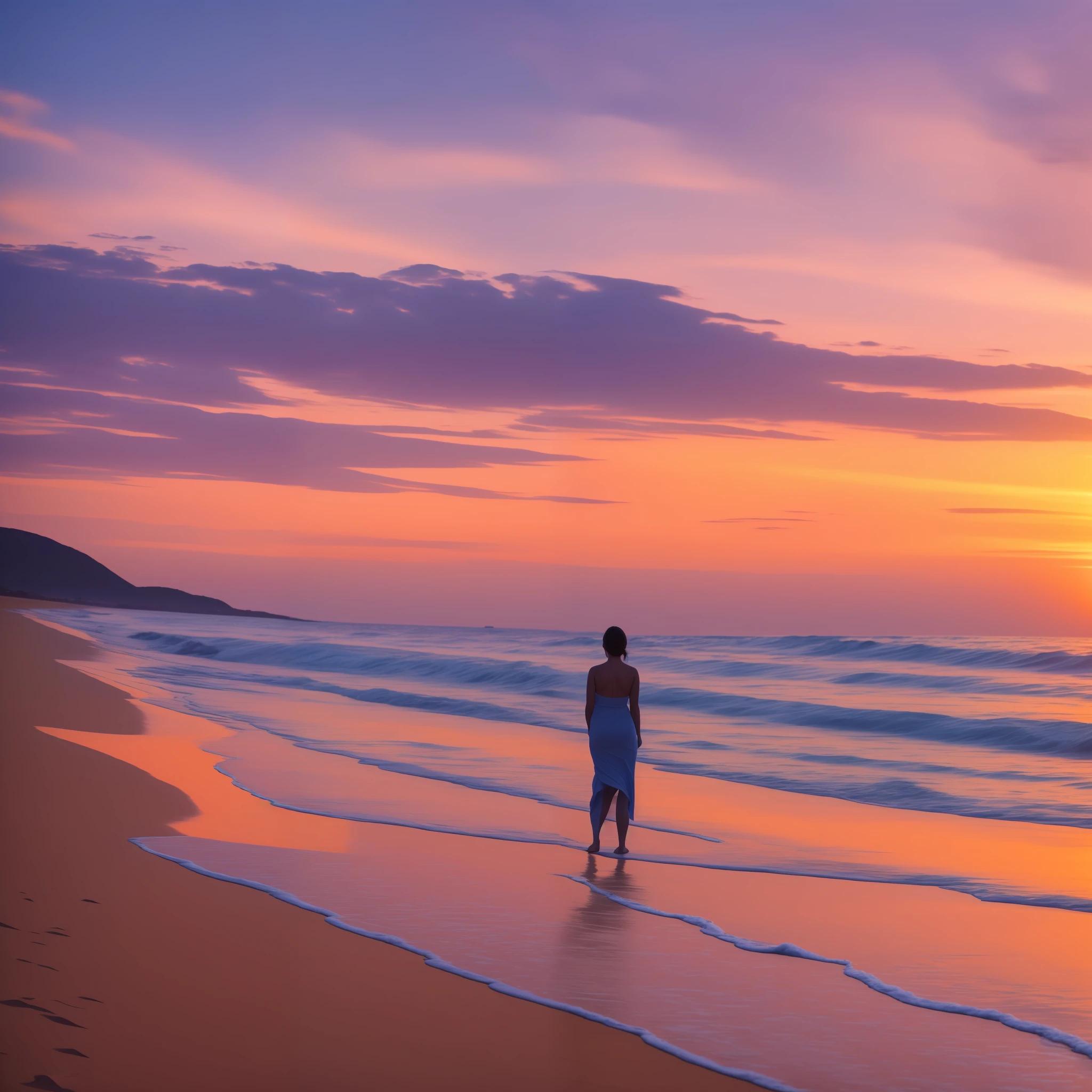 An image showing a woman in a flowing dress, staring at the horizon on a beach during sunset. The setting sun creates a stunning landscape and the colors of the sky convey a sense of tranquility and renewal. The person's posture is serene and contemplative, conveying a sense of hope and optimism in the midst of adversity.