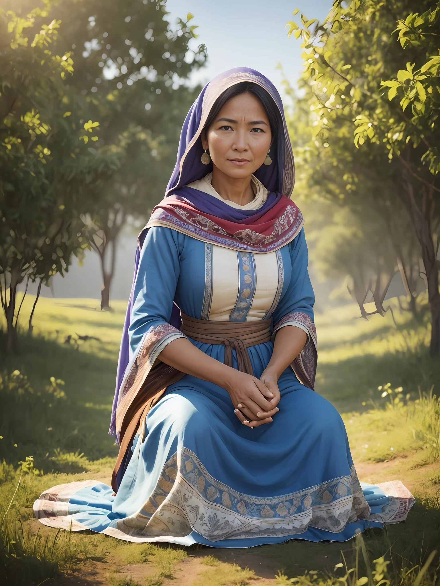Beautiful woman, 40 years old, blue dress and shawl over her head kneeling in the field making tapioca, a peasant man arrives on horseback with his hand raised screaming, cinematic, high resolution, 8k, warbackground, 8k, uhd, hard low light, midday style, high quality, sharp focus, image dimensions 16:9 --auto --s2