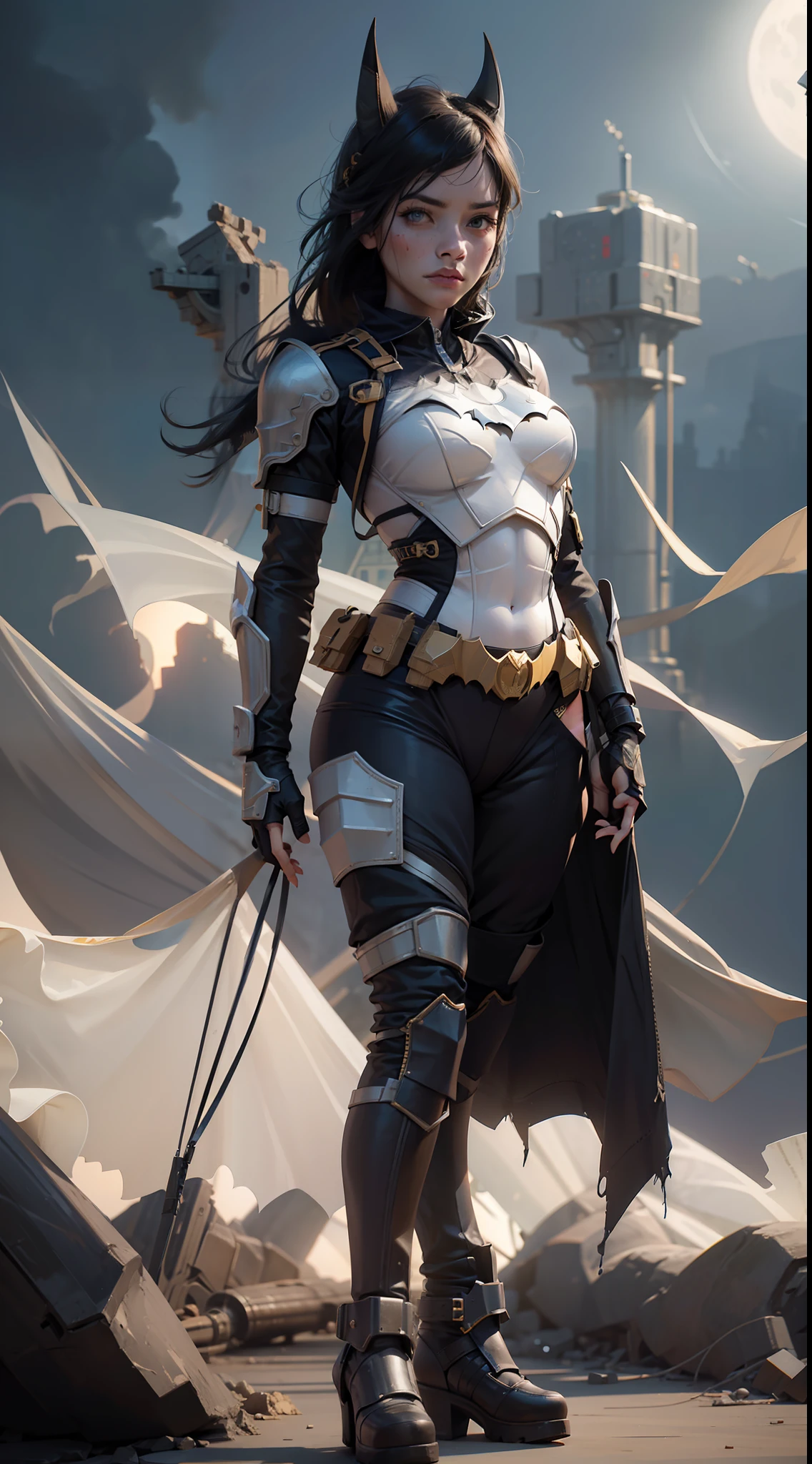 Female Batman, cute face, serious face, white batman armor, standing, post apocalytic dessert, night time, colorful background, UHD, side lighting, ultra realistic, ray tracing, full body must be shown