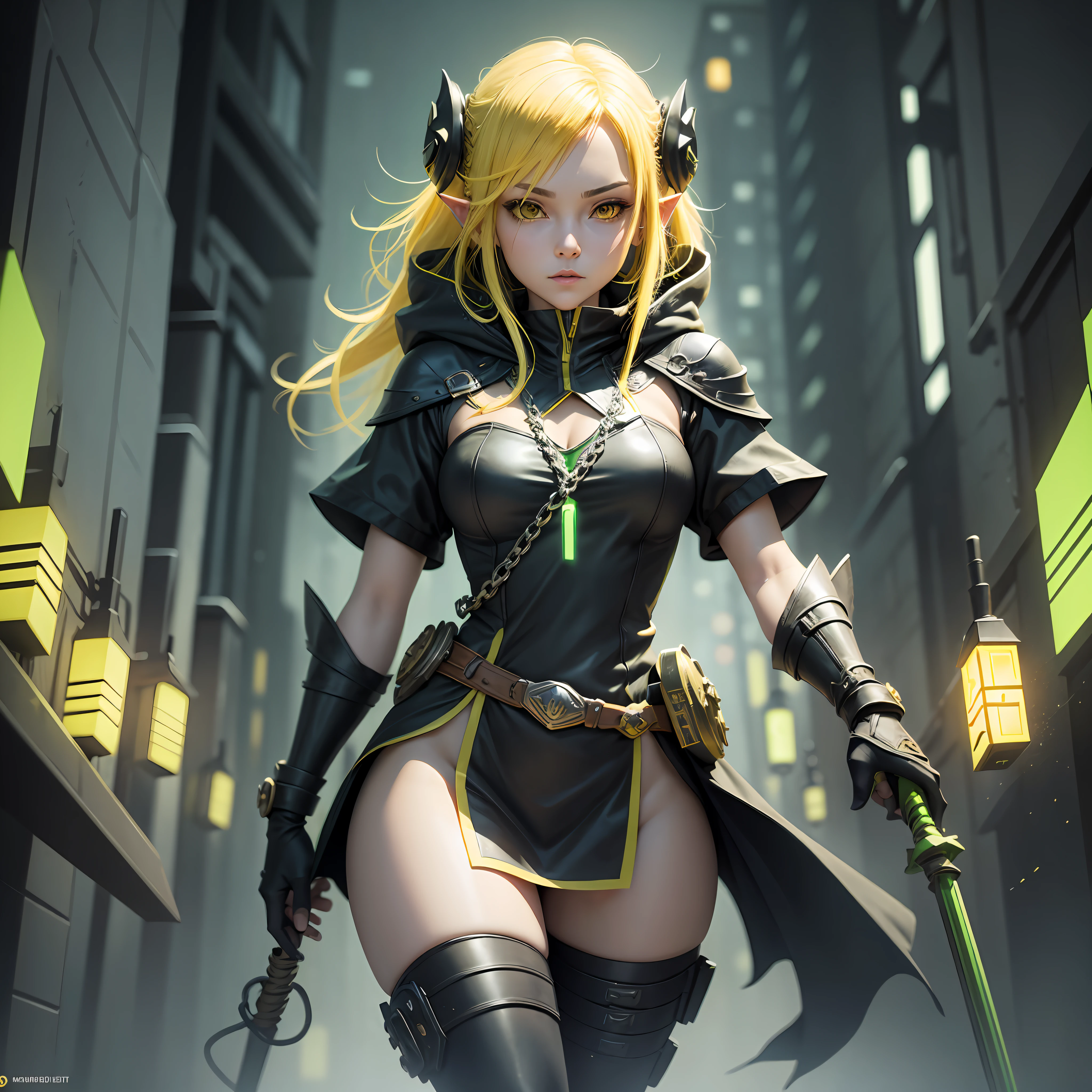 A full-body shot of Princess Zelda, yellow hair, yellow eyes, dressed as a Trudy from the matrix in black+neon green with a black mask and hood with green details, XL bust, holding a flaming Kunai attached to a chain. Background: Cybercity created in the Matrix at night. Unreal Engine 5, Anime, Anime style, Masterpiece, Well drawn eyes, well drawn face, well detailed eyes, well detailed face, 8k, light and shadow effect. --auto --s2