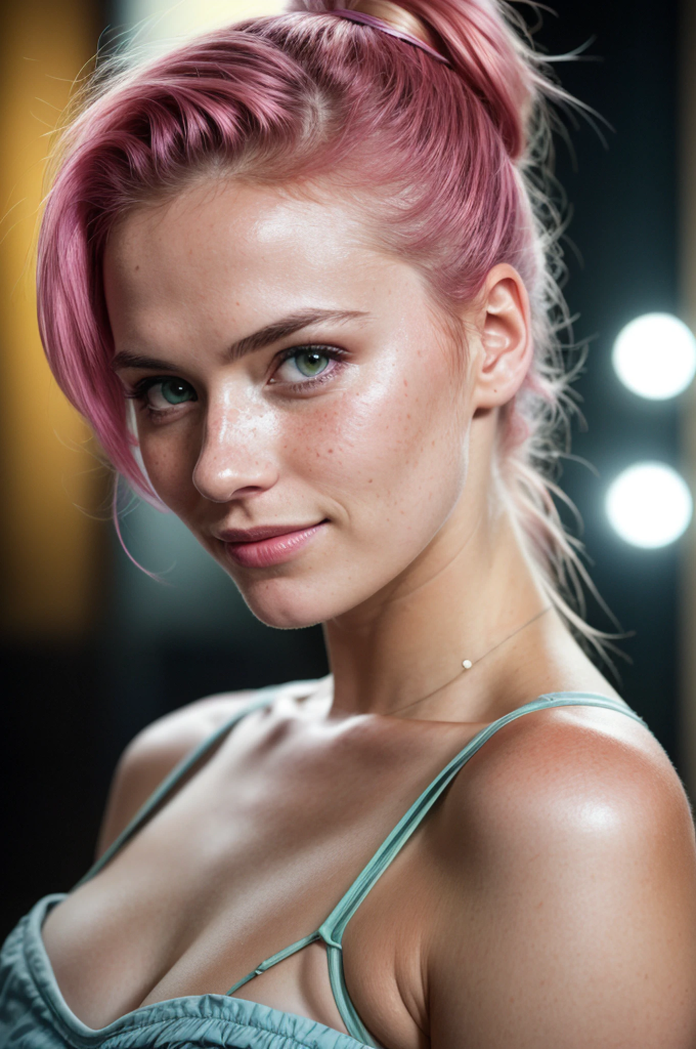 (RAW photo) night scene, close up photo of a sexy girl, posing, looking at viewer, smiling, pink hair in a ponytail, (green eyes:0.8), cute young face, 18 yo, soft volumetric lights, soft key and fill lighting, (backlit:1.3), (cinematic:1.3), intricate details, (ArtStation:1.2), skin blemishes, (freckles:0.9), detailed eyes, micro details, FUJI XT3, photorealistic, photorealism