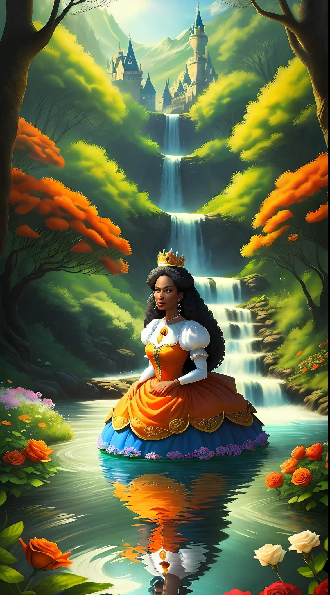 a beautiful middle-aged Afro Snow White Disney Princess wearing a crown in the forest with many beautiful animals near her., Many flowers of various colors. A sunny day. with a river and a fairytale castle in the background. Walt Disney cartoon style masterpiece, multiple angles looking to the camera, big orange and red roses, 3, cuty animals, angry, scary, angry, satellite image, close-up, dutch angle