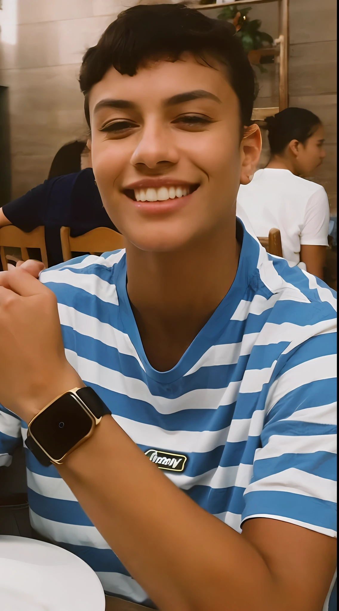 a girl, , intense dark gray eyes, black hair, medium tanned beige skin, white blouse with blue stripes, modelshoot style, extremely detailed CG wallpaper unit 8k, 8k uhd, dslr, soft lighting, high quality, film grain, Fujifilm XT, ((realistic)) (8k UHD: 1.1), (film grain: 1.1), (raw photo: 1.1), full resolution, Highly detailed skin, detailed hair, DSLR, sharp focus, high definition, high quality photography, intricate
