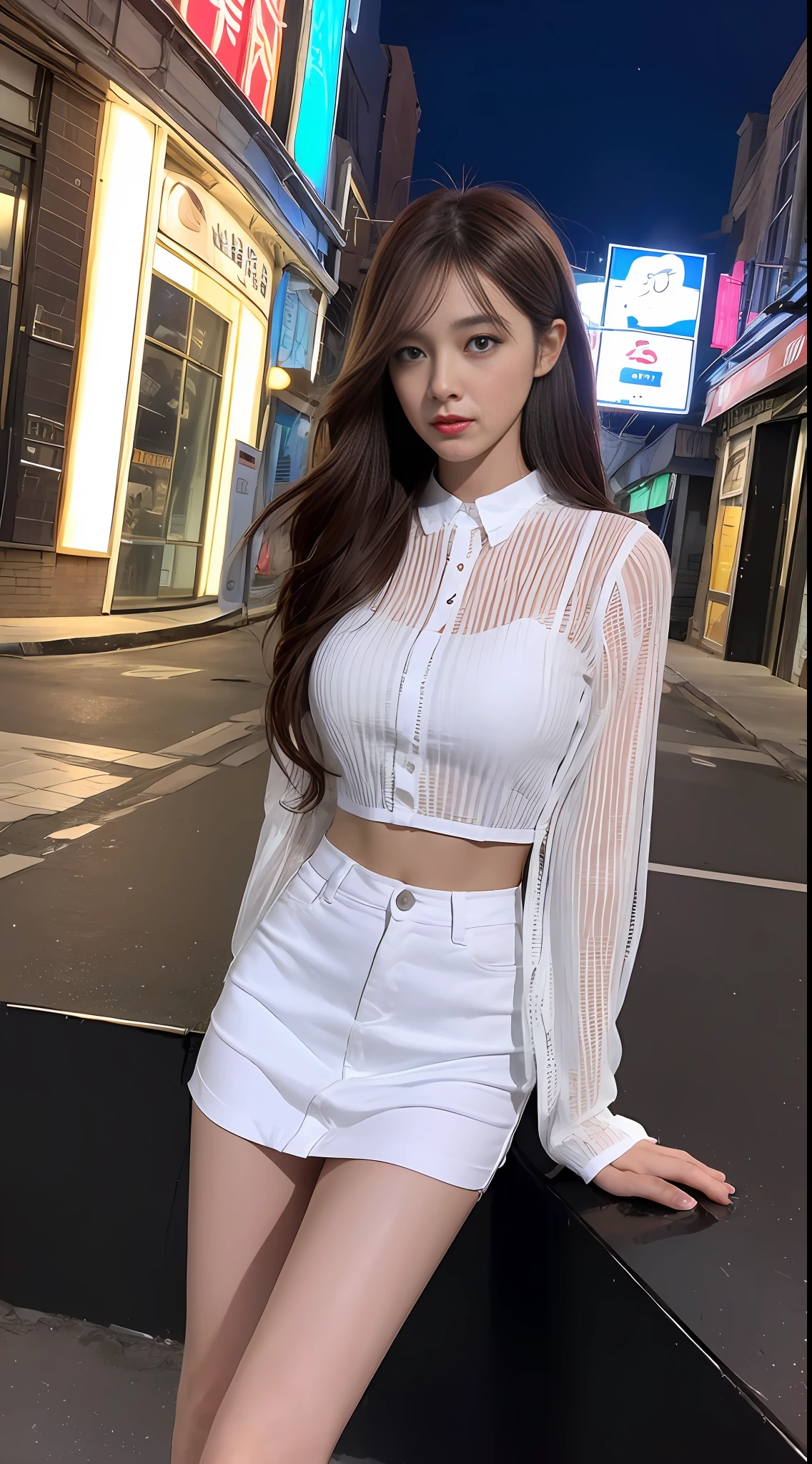 ((Best Quality, 8K, Masterpiece: 1.3)), Full Body, Focus Clear: 1.2, Style Outstanding Beauty: 1.4, Slender Abs: 1.2, ((Brown Hair, Large: 1.2)), Designer Style, White Metallic Shirt, Black Openwork Stripes on Shirt, Sexy Shirt with Design: 1.1, (Neon, Street: 1.1), Highly Detailed Face and Skin Texture, Detailed Eyes, Double Eyelids, Night View, Industrial Area, Fairy Z, Shortcut, Katyusha
