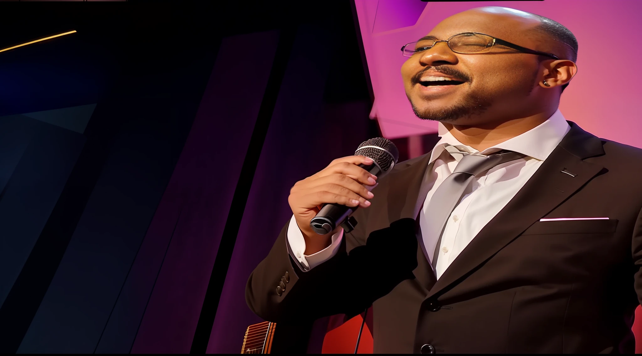 Pastor singing praise with dedication on a large stage lit by warm and soft lights, the crowd excited and ecstatic with the performance, the large and majestic scenery surrounds him as he sings with passion and enthusiasm, the music flowing like an exciting river, enveloping everyone in a moment of pure joy and devotion.