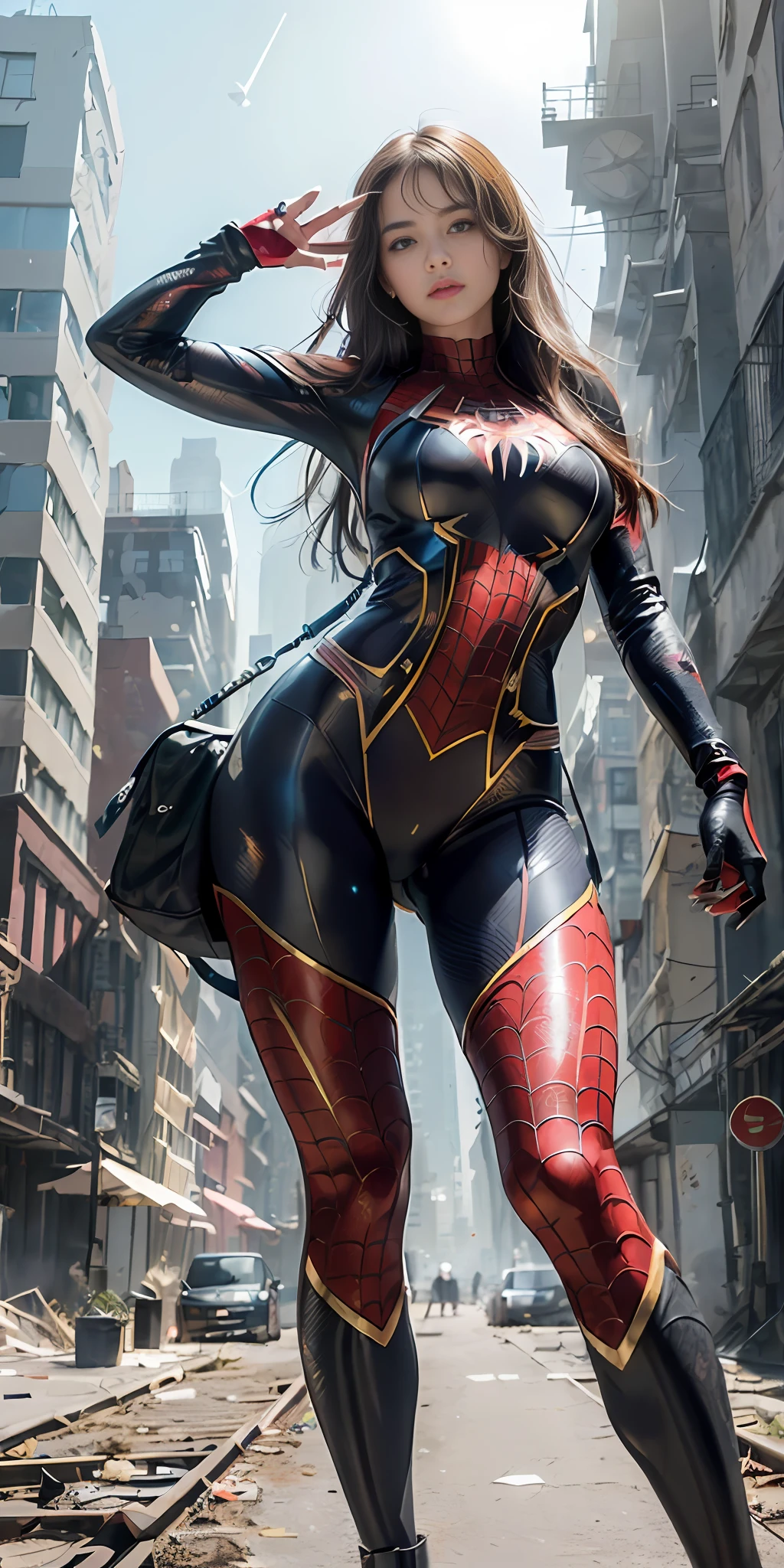 (1girl:1.3), solo, (((extremely detailed face))),(((extremely detailed eyes and face))),beautiful detailed eyes,body-parts__, official art, unified 8k wallpaper, super detailed, beautiful and aesthetic, beautiful, masterpiece, best quality, raw, masterpiece, super fine photo, best quality, super high resolution, photorealistic realism, sunlight, full body portrait, amazing beauty,, dynamic pose, delicate face, vibrant eyes, (from the front), she is wearing a Spider-man suit, red and black color scheme, spider, very detailed abandoned warehouse background, Detailed face, detailed complex busy background, messy, gorgeous, milky white, highly detailed skin, realistic skin details, visible pores, sharp focus, volumetric fog, 8k uhd, DSLR, high quality, film grain, fair skin, photo realism, lomography, huge metropolis in future dystopia, seen from below, translucent