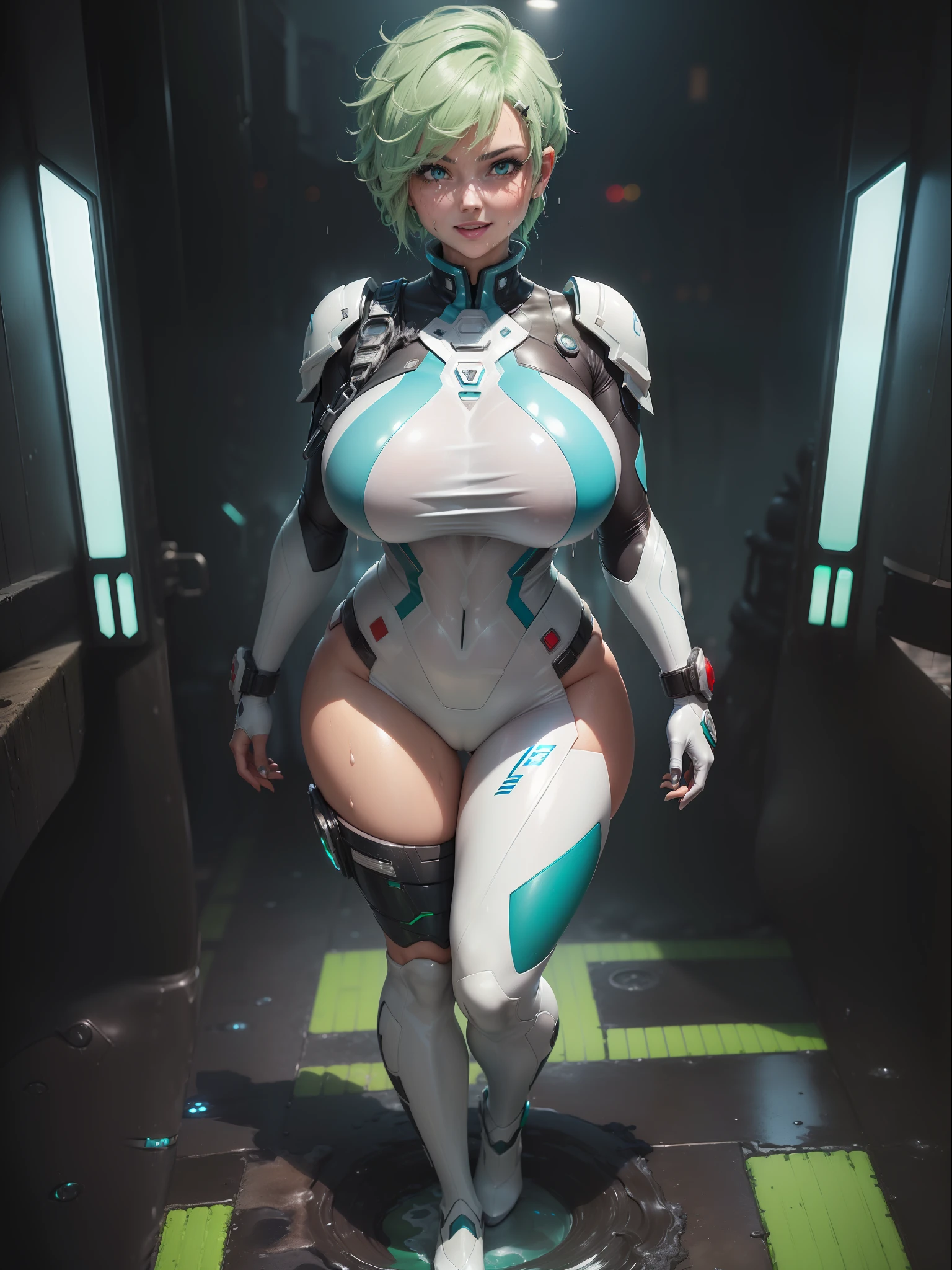 ((full body image, standing, feet on the ground)), (((Luana/Woman)) ({with large breasts, black with white parts/kamen Rider/Ultraman/futuristic/transparent cemi costume, with blue jewelry on the breastplate of the suit,/extremely tight on the body}). In a futuristic city with heavy rain charged clouds in the night sky. Luana has (({short green hair with clips, blue eyes})), ({her hair and her clothes are extremely soaked}), exhibitionist landing, is (staring at the viewer, smiling). {red cheek, front}, anime, anime style, mortal kombat, 16k, UHD, best quality, high quality, award winning, anatomically correct, masterpiece