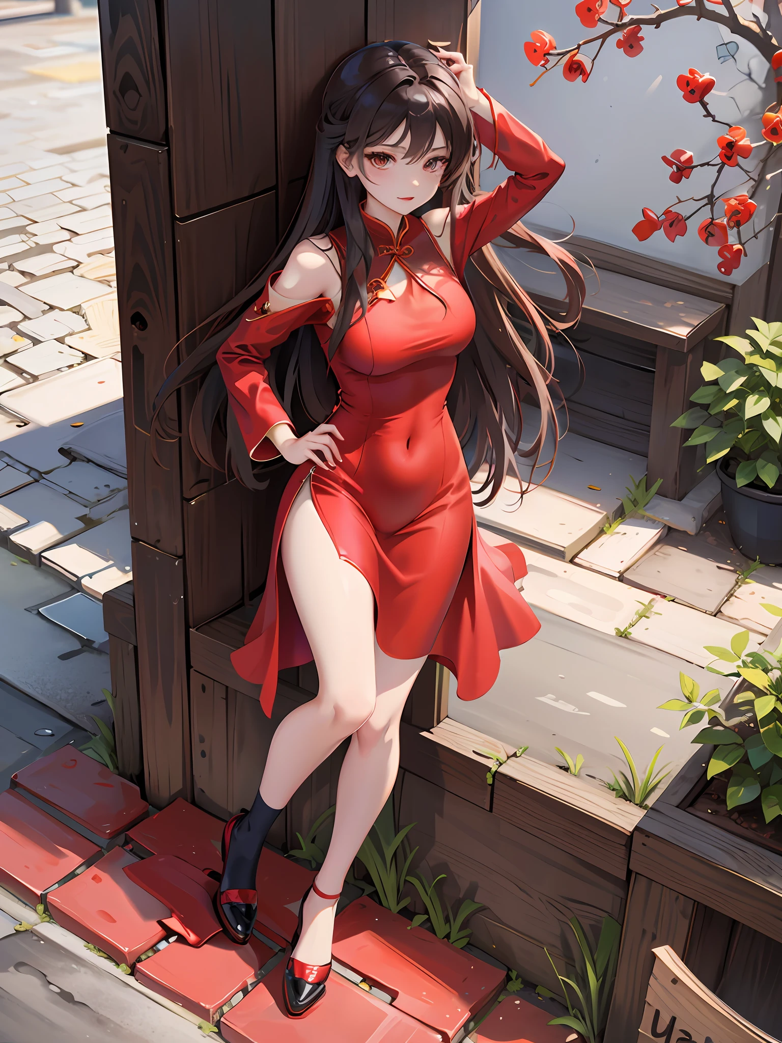 A woman in a red dress with long straight hair, hair accessories, sexy dress, wearing red cheongsam, hips, very sexy pose, cheongsam, gorgeous chinese model, sexy red dress, split dress, playful cute expression, street, sky, natural light