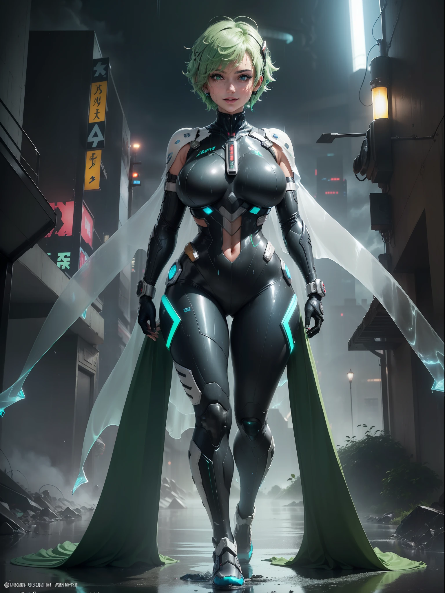 ((full body image, standing, feet on the ground)), (((Luana/Woman)) ({with large breasts, black with white parts/kamen Rider/Ultraman/futuristic/transparent cemi costume, with blue jewelry on the breastplate of the suit,/extremely tight on the body}). In a futuristic city with heavy rain charged clouds in the night sky. Luana has (({short green hair with clips, blue eyes})), ({her hair and her clothes are extremely soaked}), exhibitionist landing, is (staring at the viewer, smiling). {red cheek, front}, anime, anime style, mortal kombat, 16k, UHD, best quality, high quality, award winning, anatomically correct, masterpiece