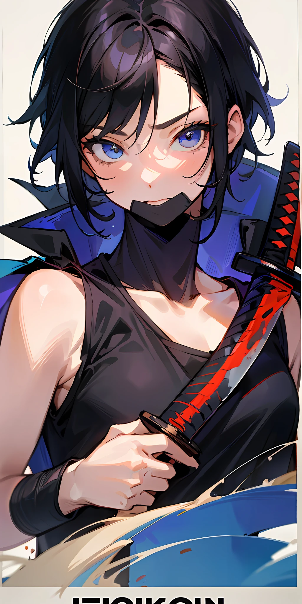 Poster, without inscriptions, a girl in a sleeveless T-shirt with short black hair and blue eyes hugging a man in a black raincoat and a bloody katana behind his back