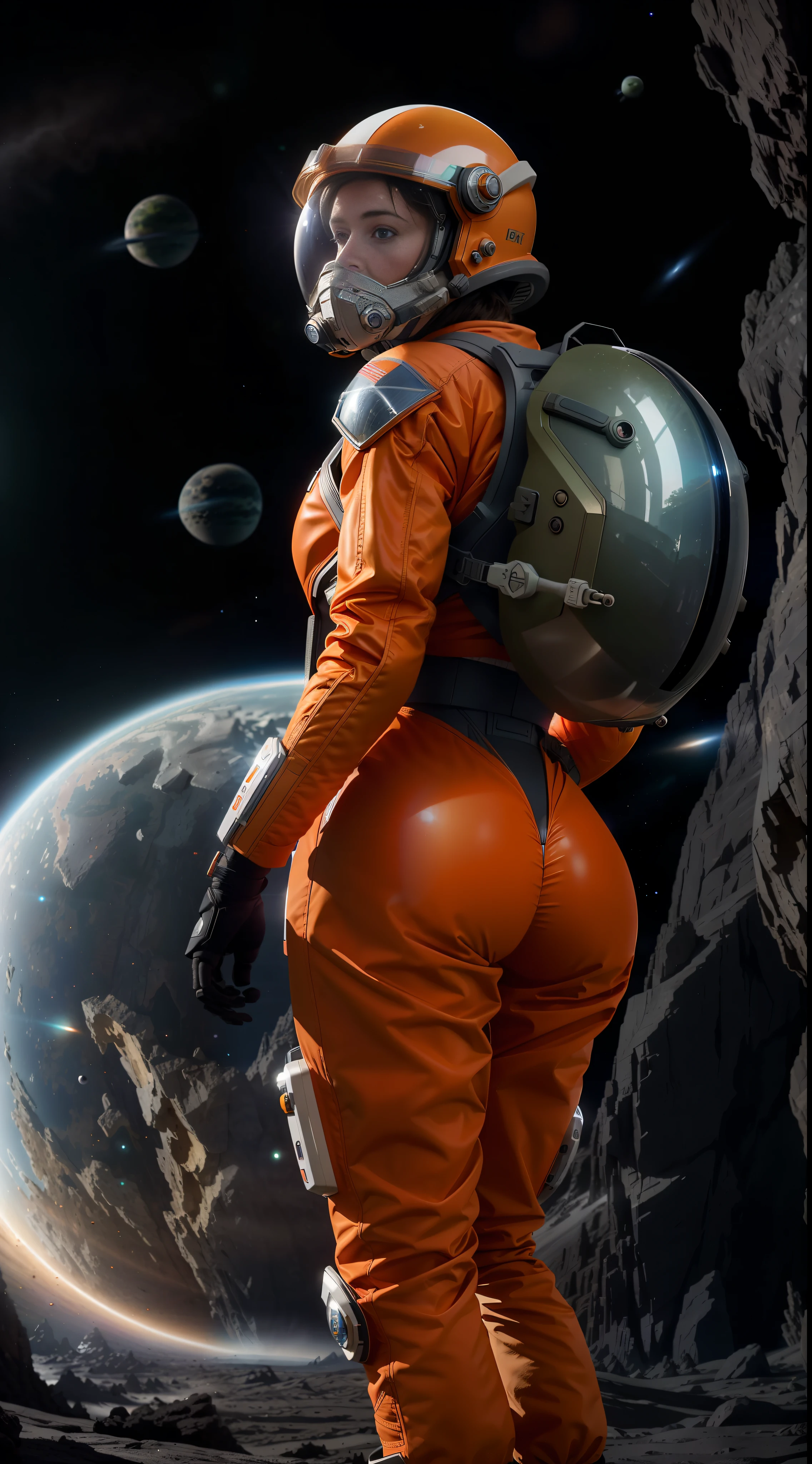 rear angle, Highly detailed RAW color Photo, Rear Angle, Full Body, of (female space soldier, wearing orange and white space suit, helmet, tined face shield, rebreather, accentuated booty), outdoors, (looking up at advanced alien structure, on alien planet), toned body, big butt, (sci-fi), (mountains:1.1), (lush green vegetation), (two moons in sky:0.8), (highly detailed, hyperdetailed, intricate), ((DAY TIME)), (lens flare:0.7), (bloom:0.7), particle effects, raytracing, cinematic lighting, shallow depth of field, photographed on a Sony a9 II, 50mm wide angle lens, sharp focus, cinematic film still from Gravity 2013, from behind