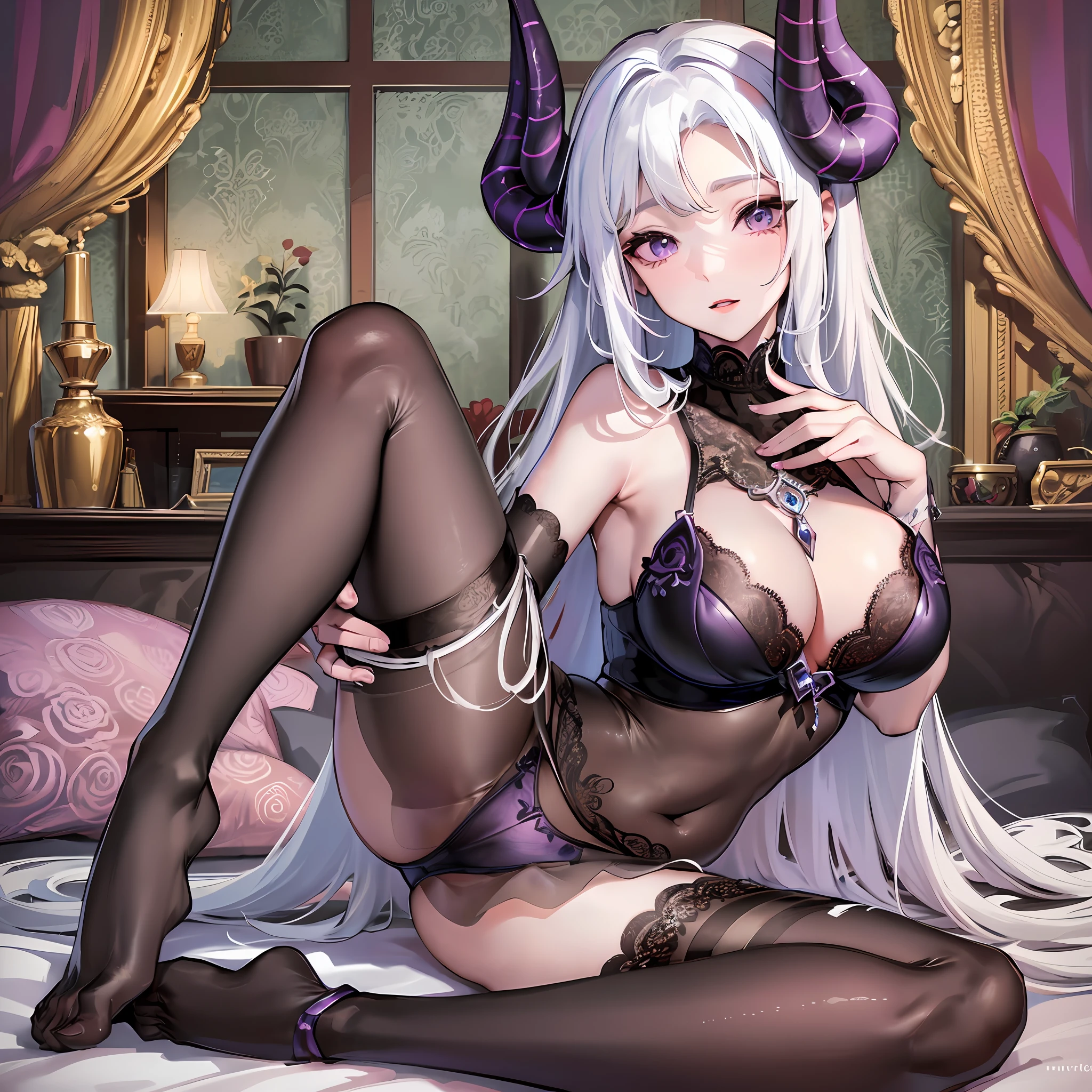 succubus, The horns of sheep, Long white hair, Purple eyes, Nice and delicate face, A shy expression,erotic underwear, Lace pattern, Plump Chest, Black stockings, No shoes., Beautiful and delicate feet, Sit on the bed, Full-body photo, Bedroom background, Beautiful details, Luxurious, Lace, Surreal, grace, A beautiful background, The best quality, masterpiece, Very delicate and beautiful., Very detailed, CG, Astonishing, Fine details, The best quality, Official art, Very detailed CG unity 8k wallpaper, Illustration, 8k