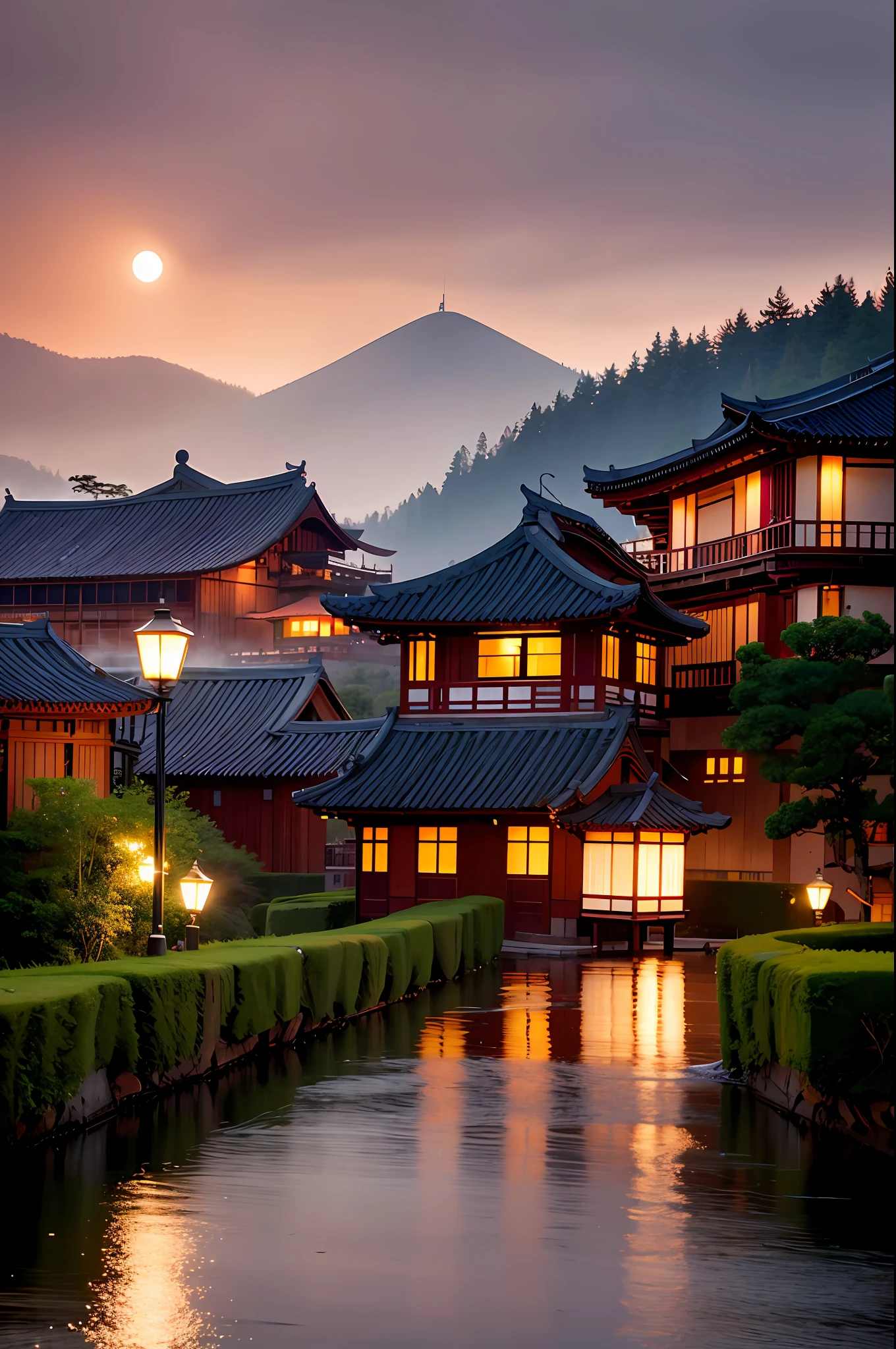 arafed view of a village with a lot of lights on the buildings, dreamy chinese town, chinese village, amazing wallpaper, japanese town, japanese village, hyper realistic photo of a town, old asian village, japanese city, by Raymond Han, rainy evening, cyberpunk chinese ancient castle, beautifully lit buildings, at evening during rain, beautiful and aesthetic, photography, cinematic, 8k, high detailed ((Heavy rain)))