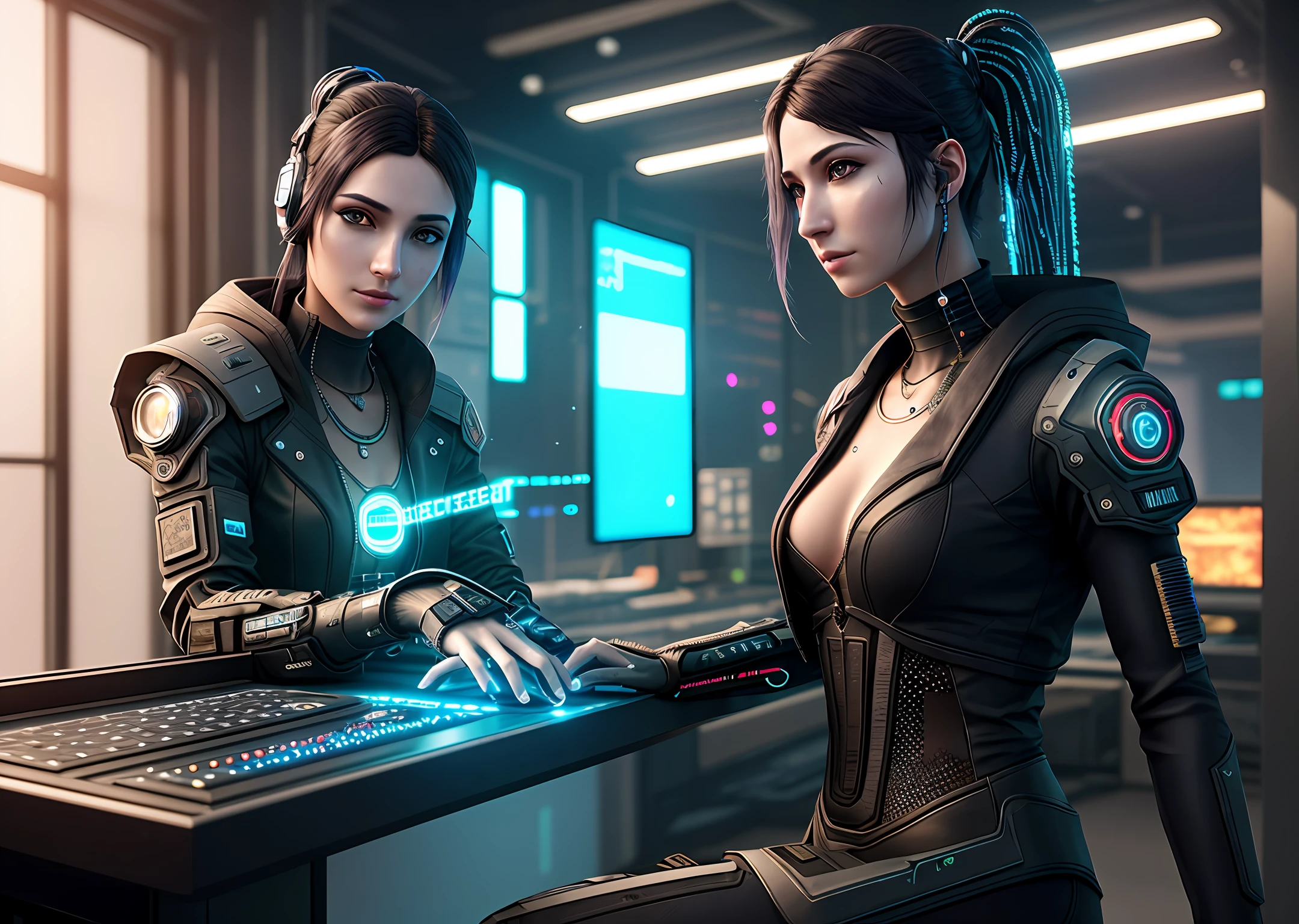 ((Best quality)), ((masterpiece)), (highly detailed:1.3), 3D, beautiful (cyberpunk:1.3) female hacker with thick voluminous hair operating a computer terminal, computer servers, LCD screens, fibre optic cables, corporate logos,HDR (High Dynamic Range),Ray Tracing,NVIDIA RTX,Super-Resolution,Unreal 5,Subsurface scattering,PBR Texturing,Post-processing,Anisotropic Filtering,Depth-of-field,Maximum clarity and sharpness,Multi-layered textures,Albedo and Specular maps,Surface shading,Accurate simulation of light-material interaction,Perfect proportions,Octane Render,Two-tone lighting,Low ISO,White balance,Rule of thirds,Wide aperature,8K RAW,Efficient Sub-Pixel,sub-pixel convolution,luminescent particles,
