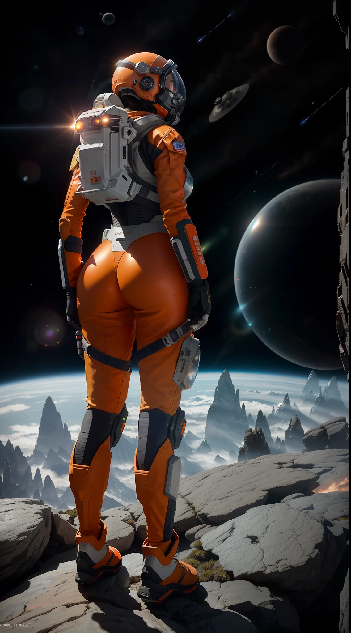 rear angle, Highly detailed RAW color Photo, Rear Angle, Full Body, of (female space soldier, wearing orange and white space suit, helmet, tined face shield, rebreather, accentuated booty), outdoors, (looking up at advanced alien structure, on alien planet), toned body, big butt, (sci-fi), (mountains:1.1), (lush green vegetation), (two moons in sky:0.8), (highly detailed, hyperdetailed, intricate), ((DAY TIME)), (lens flare:0.7), (bloom:0.7), particle effects, raytracing, cinematic lighting, shallow depth of field, photographed on a Sony a9 II, 50mm wide angle lens, sharp focus, cinematic film still from Gravity 2013, from behind