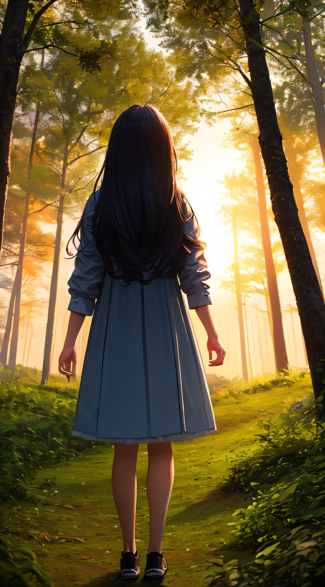 ((masterpiece,best quality,ultra detailed,ultra high res,detailed background)),sunrise,forest,impressive,chill,inspirational,1girl,facing away