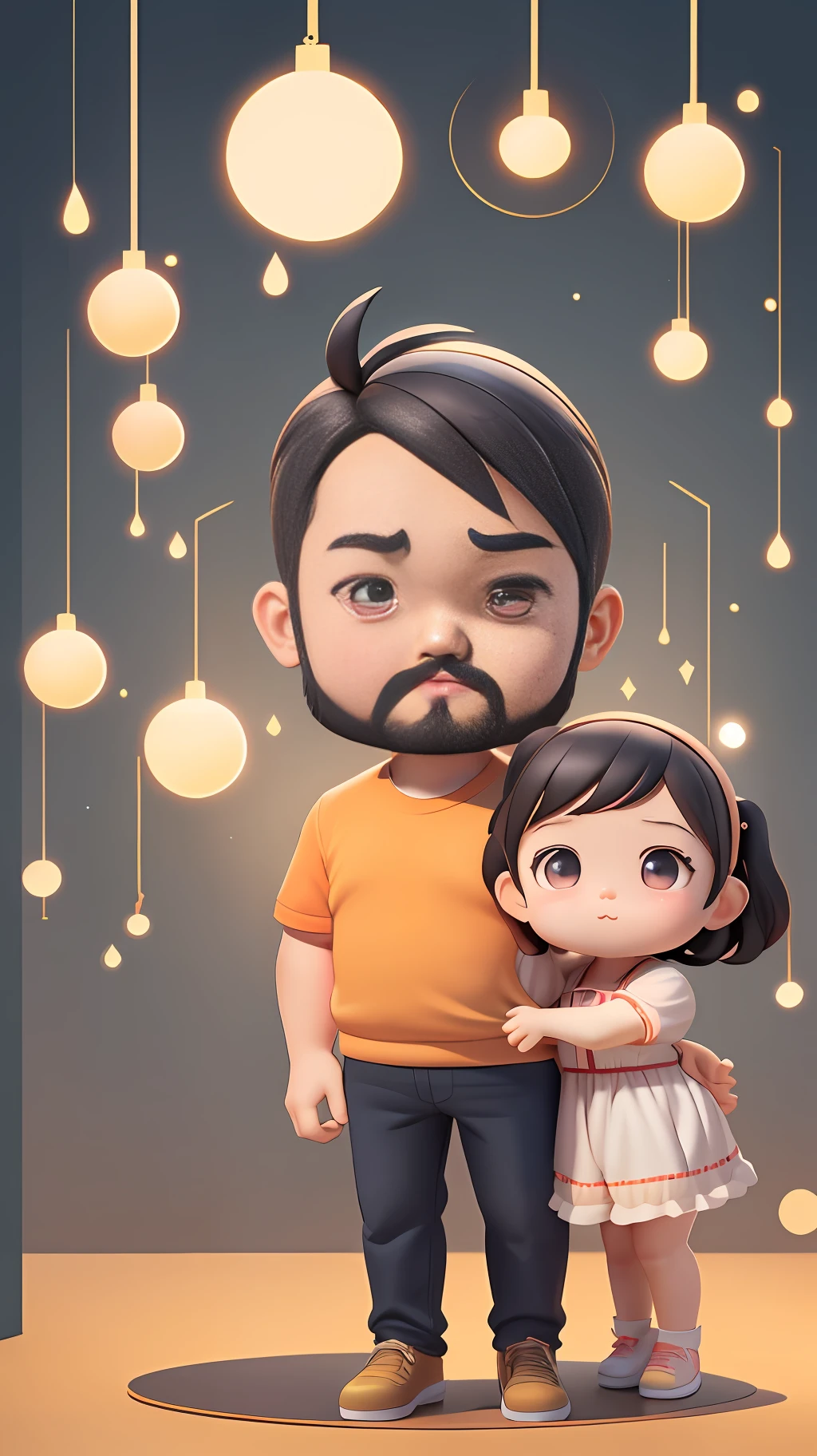 Father's Day poster, flat illustrations, strong father holding cute child, sparkling big eyes, background in a warm home, perspective, contrast between light and dark, warm colors, bright background, flat illustrations Father，油画，穆夏 --v6