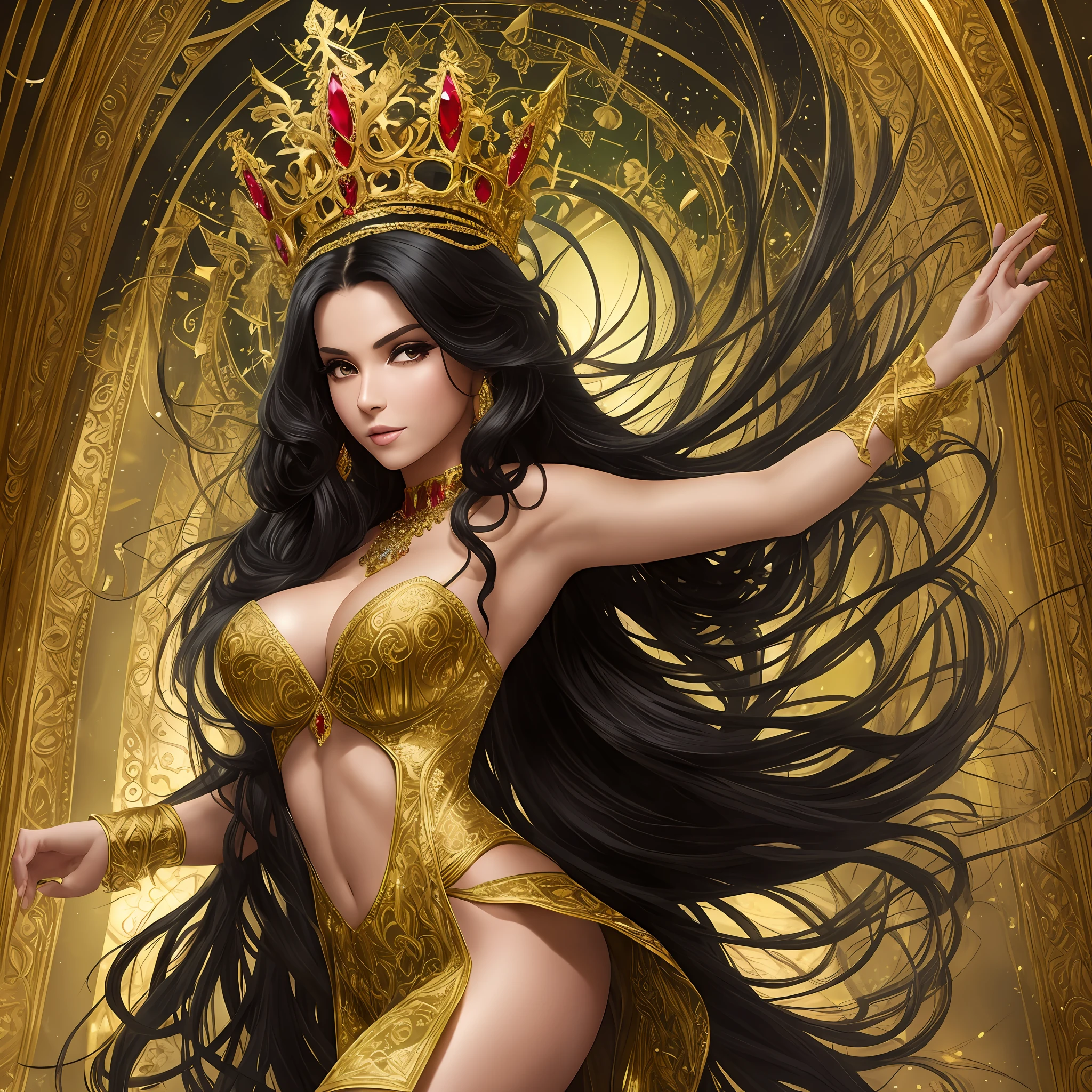 Beautiful woman with long black hair, well curly, displaying sensuality, dancing the ballet, with lingerie robes with green gold and red colors, with jewels and crown in gold, perfect body, in a very beautiful place of lush landscape --auto --s2