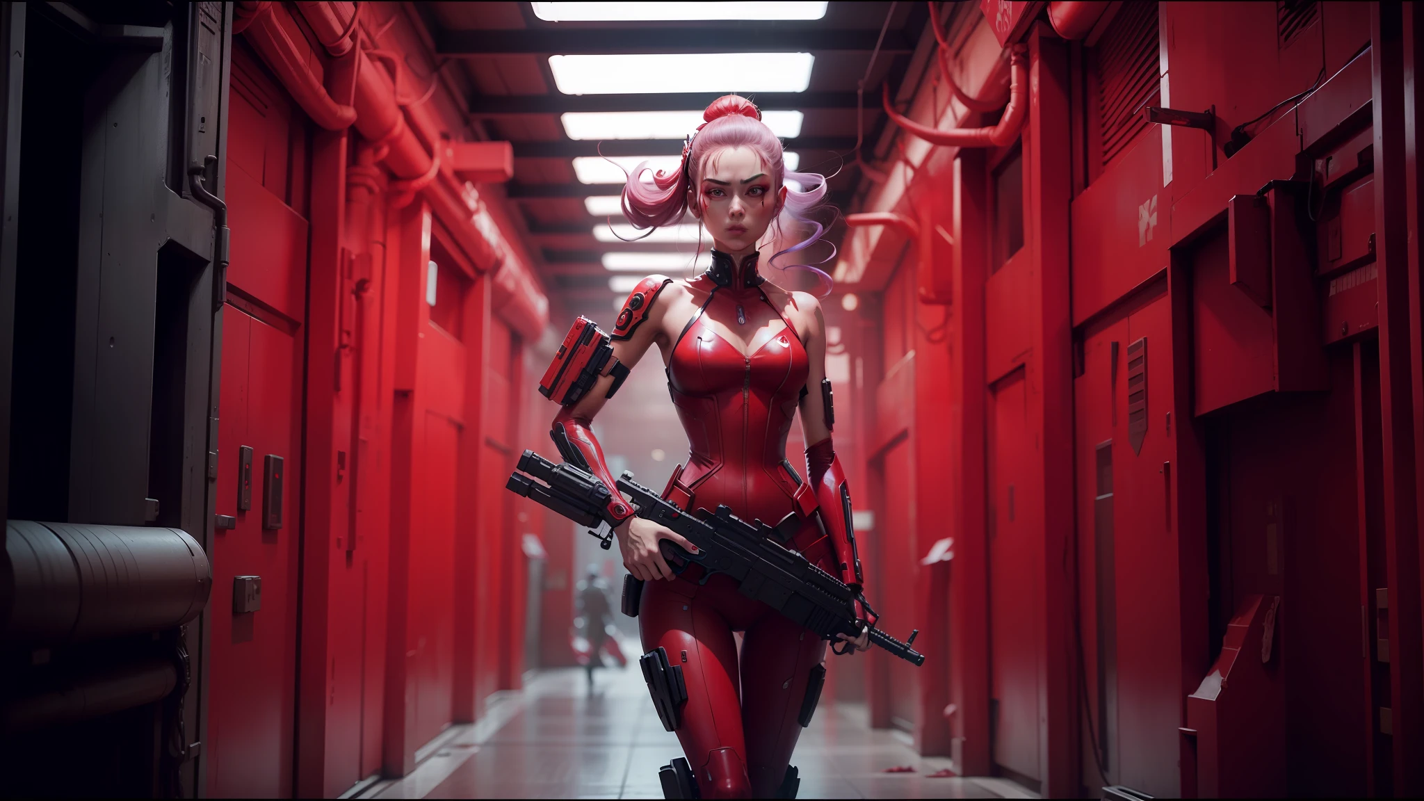arafed woman in red dress holding a gun in a hallway, ash thorp, cyberpunk geisha, the empress’ swirling gardens, die antwoord, nekro, still from anime, by Nathan Wyburn, hi - fructose art magazine, siggraph, jingna zhang, humanoid flora, planet terror planet --ar 16:9 --auto --s2