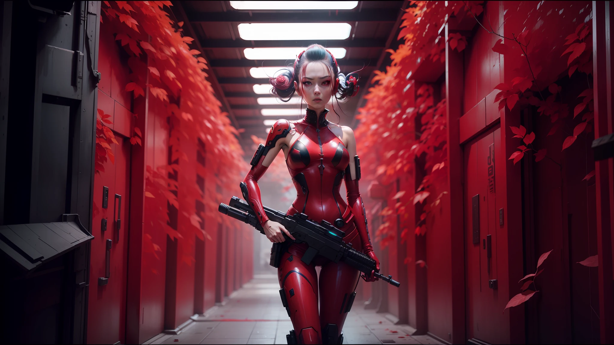 arafed woman in red dress holding a gun in a hallway, ash thorp, cyberpunk geisha, the empress’ swirling gardens, die antwoord, nekro, still from anime, by Nathan Wyburn, hi - fructose art magazine, siggraph, jingna zhang, humanoid flora, planet terror planet --ar 16:9 --auto --s2