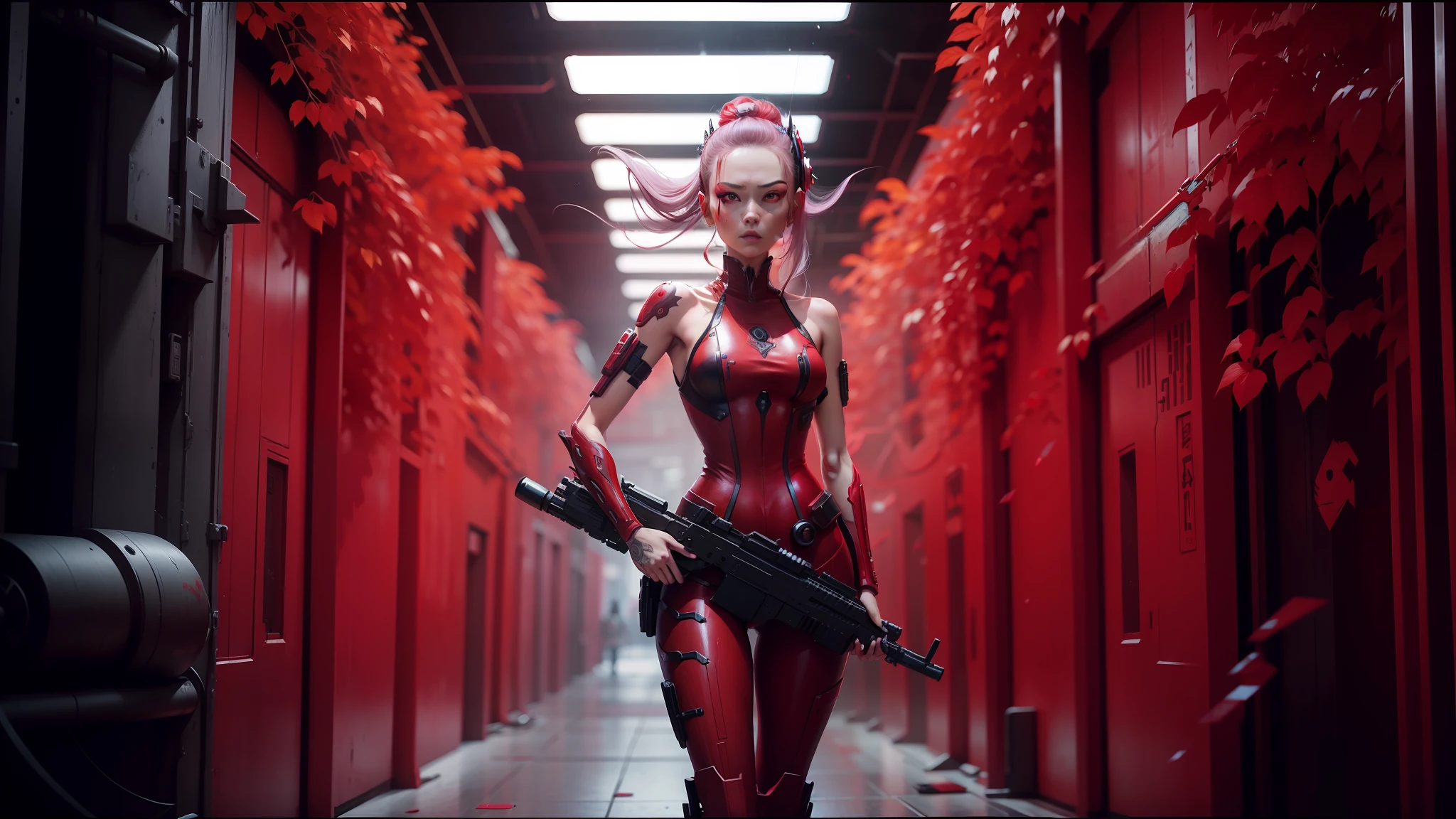 arafed woman in red dress holding a gun in a hallway, ash thorp, cyberpunk geisha, the empress’ swirling gardens, die antwoord, nekro, still from anime, by Nathan Wyburn, hi - fructose art magazine, siggraph, jingna zhang, humanoid flora, planet terror planet --ar 16:9 --auto --s2