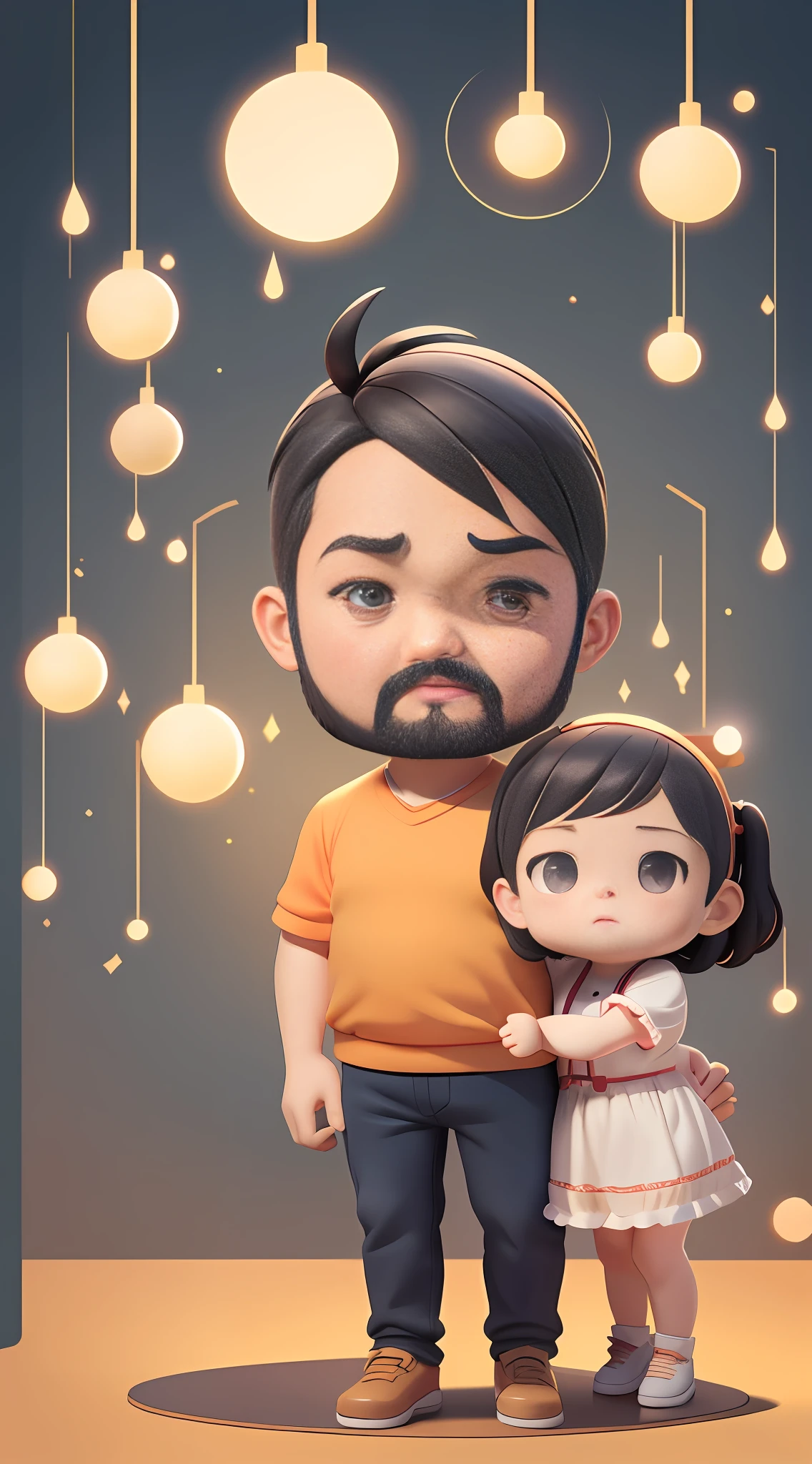 Father's Day poster, flat illustrations, strong father holding cute child, sparkling big eyes, background in a warm home, perspective, contrast between light and dark, warm colors, bright background, flat illustrations Father，油画，穆夏 --v6