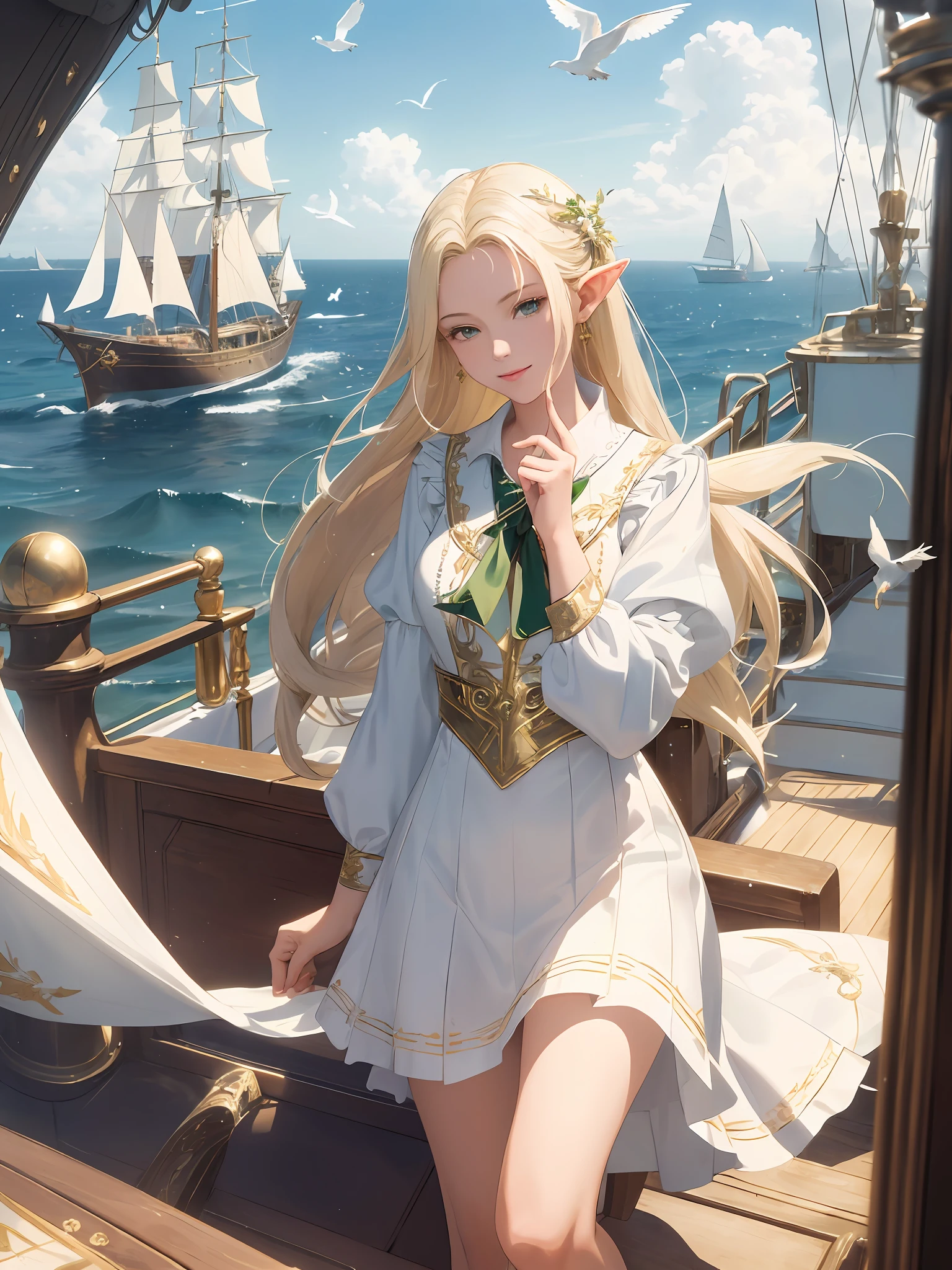(((Masterpiece, highest quality, high definition, high detail)))), ((((Fantasy))), one, (Elf woman)))), (short skirt of white with gold embroidery), (blonde long straight hair), (glossy dark green eyes), (white ruffled blouse embroidered with gold), big, (((on the deck of a sailing ship at sea)), (vast sea))), (The firmament with clouds visible)), (( Seagulls flying in the sky)), smile, (breeze), particles of light flying