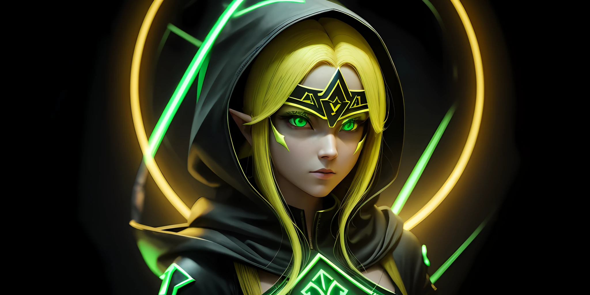 A full-body shot of Princess Zelda, yellow hair, yellow eyes, dressed as a Trudy from the matrix in black+neon green with a black mask and hood with green details, XL bust, holding a flaming Kunai attached to a chain. Background: Cybercity created in the Matrix at night. Unreal Engine 5, Anime, Anime style, Masterpiece, Well drawn eyes, well drawn face, well detailed eyes, well detailed face, 8k, light and shadow effect. --auto --s2