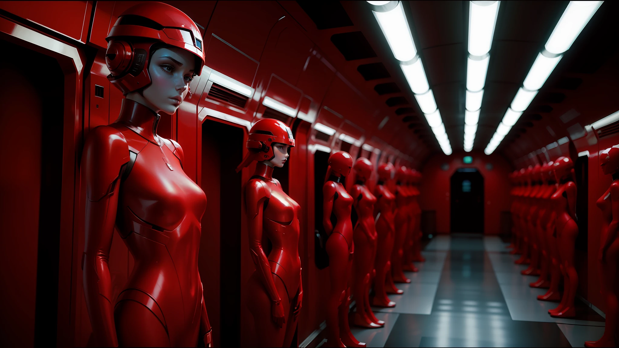 there are many mannequins in a row in a room, spaceship hallway background, red and cinematic lighting, pascal blanche, 'the red citadel, passengers, fiberglass, featured in cinematic, guards, cybergods, promotional picture, cinematic image --ar 16:9 --auto --s2