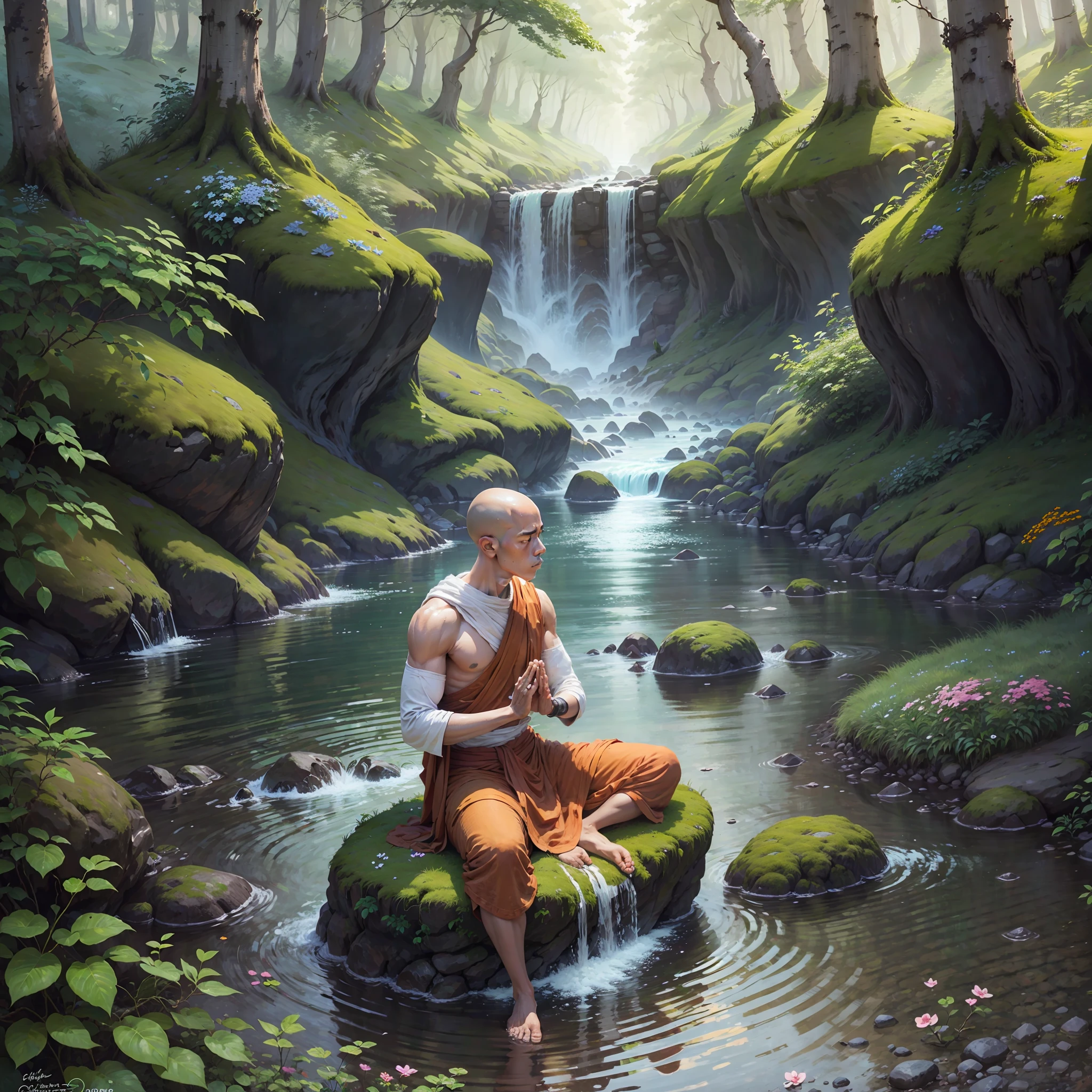 Create a monk meditating on a stone in a forest with plenty of shrub, flowers, and a river in front of you, high definition image --auto --s2