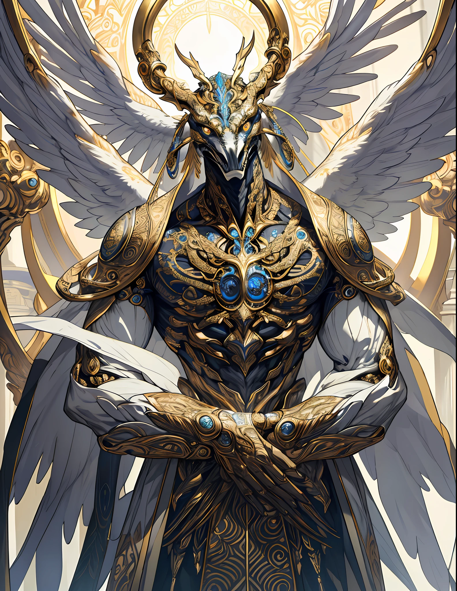 ((raw photo)), ((masterpiece)), anthropomorphic creature with white and gold details, intricate detail, futobot, intricate Greebles pieces, light behind, large wings, multiple eyes, body shaped like floating rings
