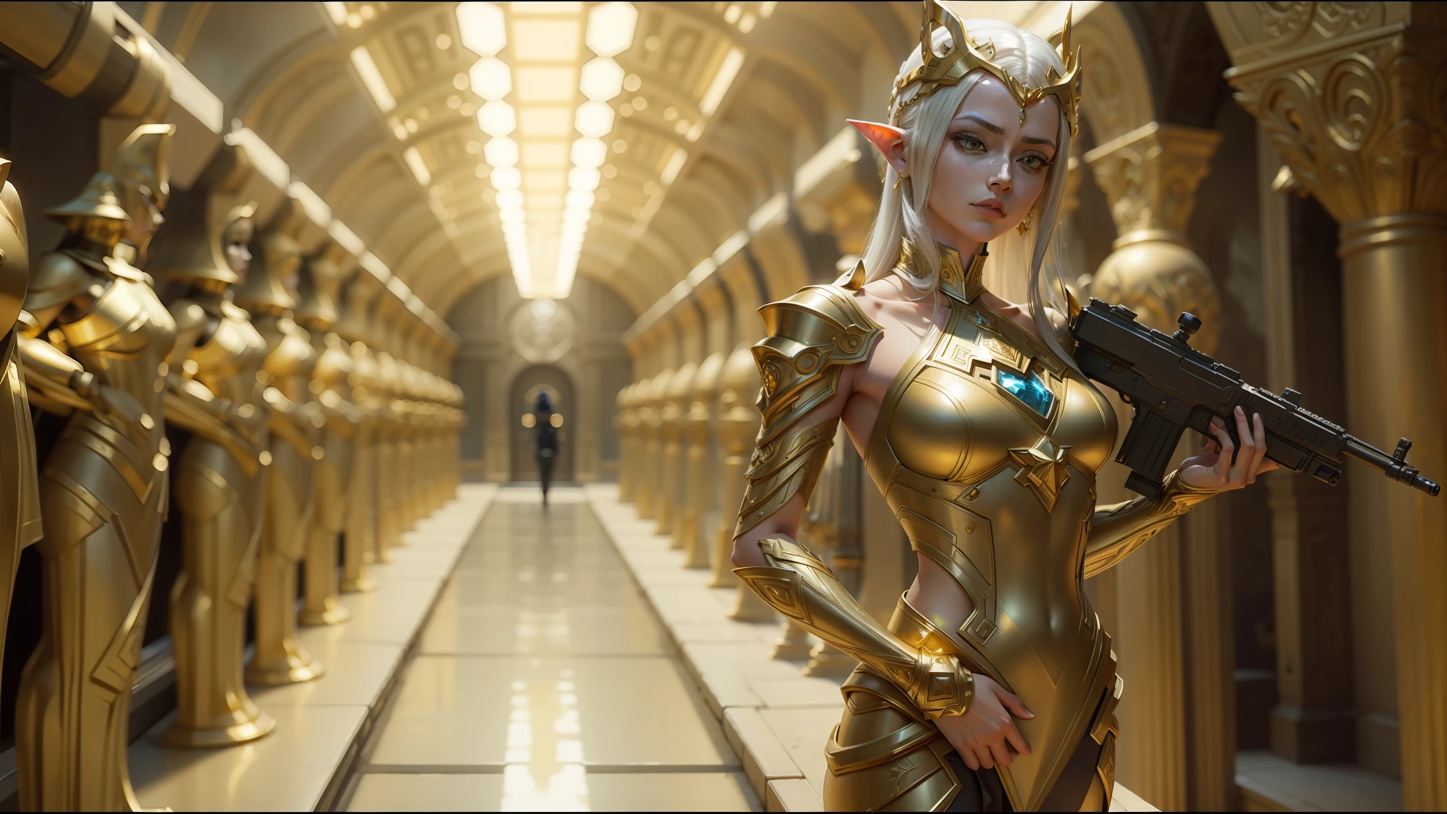 there is a woman in a gold dress holding a gun, still from alita, elven architecture, white and gold, weta studio and james jean, golden pillars, metropolis, opening shot, pandora, by Victor Wang, film studio --ar 16:9 --auto --s2