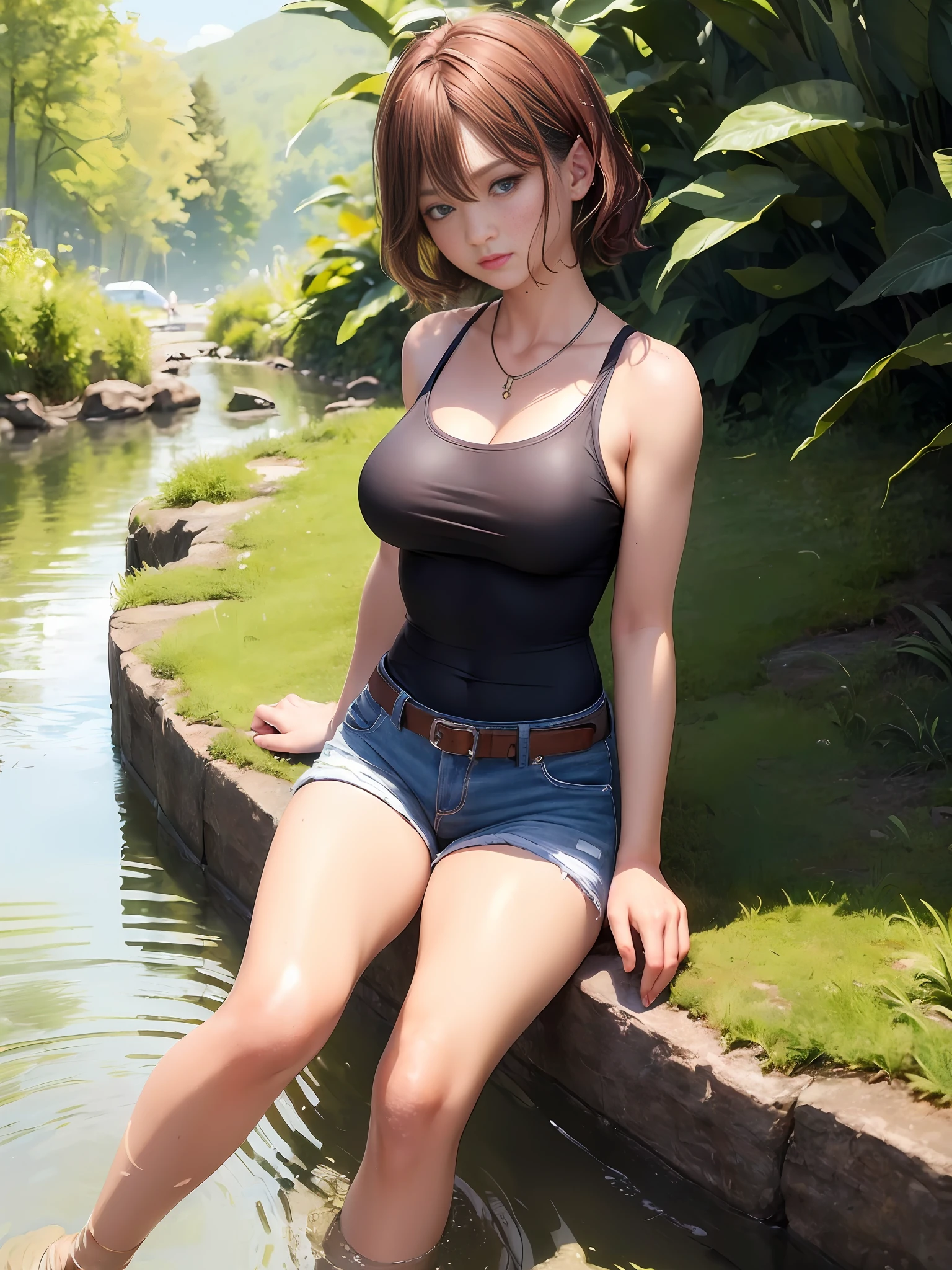 ((Big breasts))), ((Tomboy, small head)), Sunlight, Sunlight, (Chiseled abs: 1.1), (Perfect body: 1.1), (Short wavy hair: 1.2), Reddish brown hair, collar, chain, full body shot, crowded street, black tank top, jeans jacket, (((Shorts)), river, stream, in nature, ankles immersed, playing in water, (Highly detailed CG 8k wallpaper), (Very delicate and beautiful), (Masterpiece), (Best Quality: 1.0), (Ultra High Definition: 1.0), Beautiful lighting, perfect lightning, realistic shadows, [High Definition], Detailed skin, Super Detail