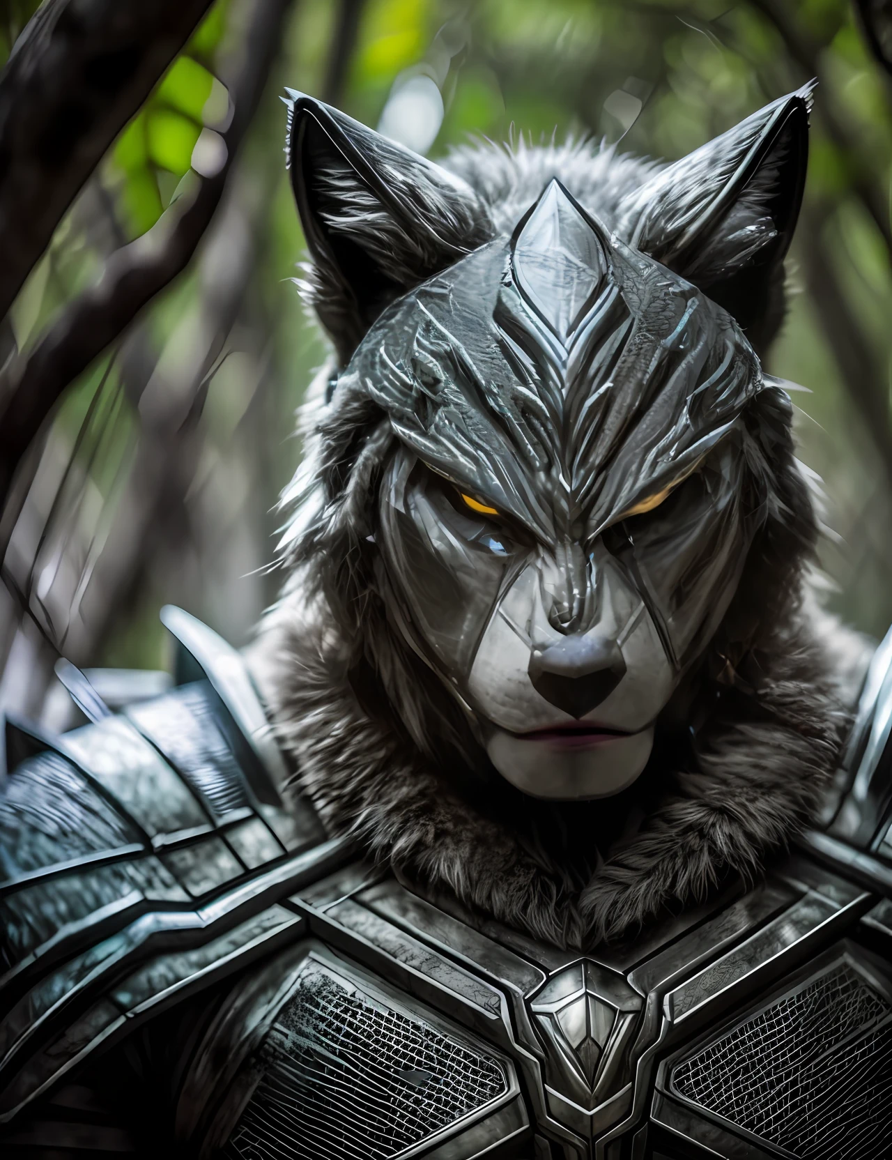 fking_scifi, award-winning photographic portrait of a man-creature man-wolf, wearing a black and silver armor, background of mangrove trees of the forest swamp, large head, intricate details --auto --s2