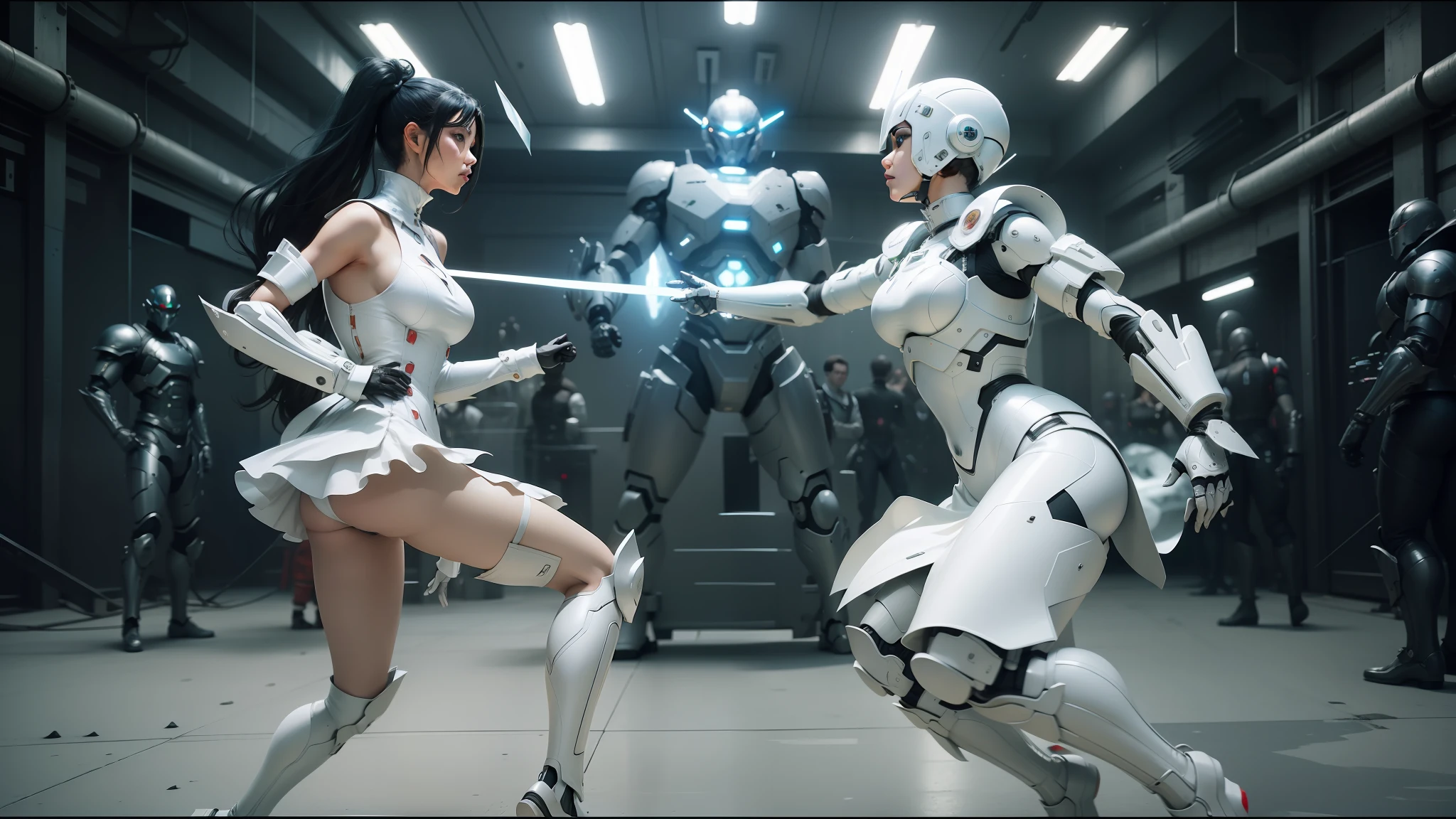 arafed woman in a white dress and a robot in a room, choreographed fight scene, jacky tsai style, metal garments, styleframe, film still of kim kardashian, elden ring style, in leather armor, by Shinoda Toko, mechanized soldier girl, fencing, still image from the movie, wonderland, gloss --ar 16:9 --auto --s2