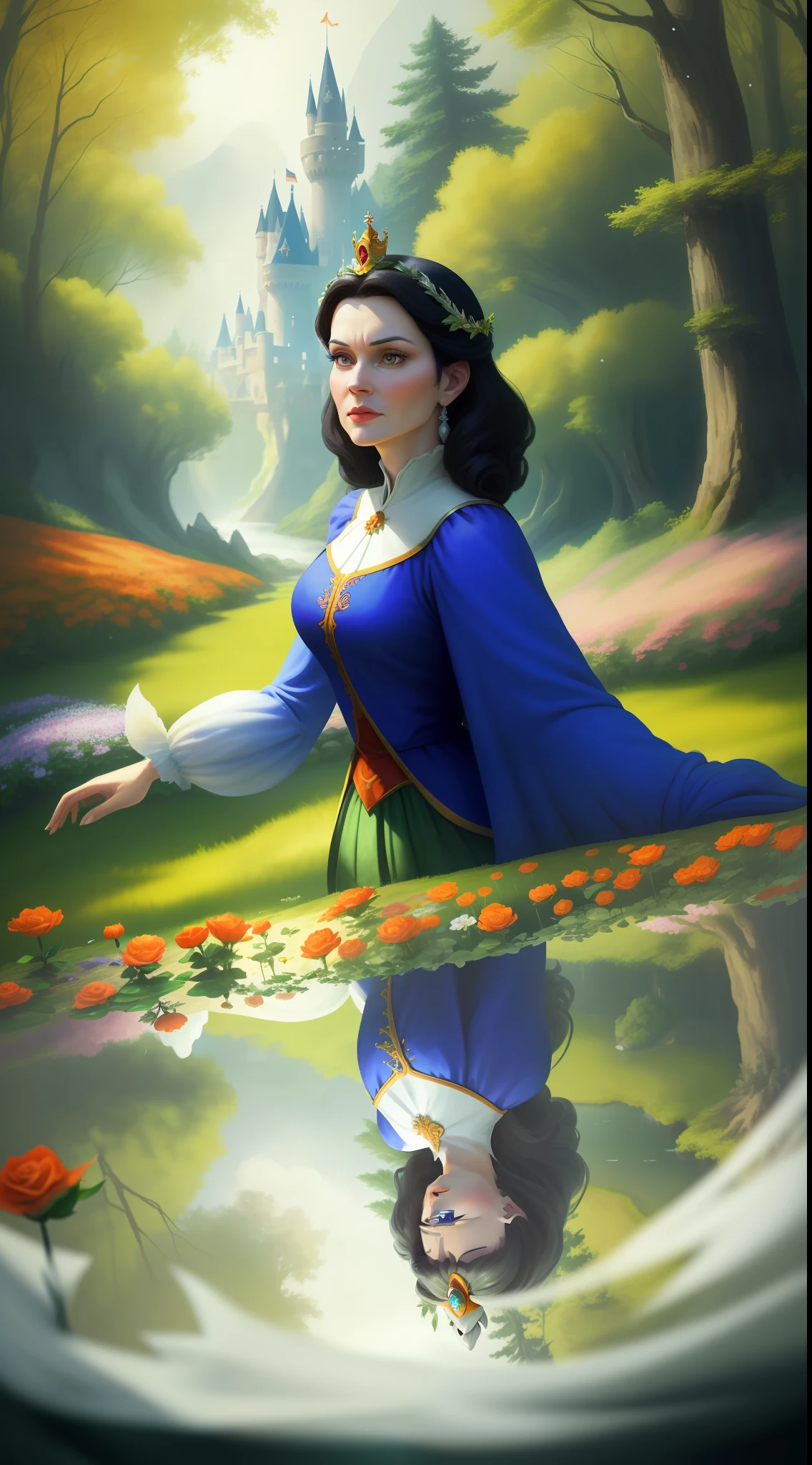 a beautiful middle-aged Disney Princess Snow White wearing a crown in the forest with many beautiful animals near her., Many flowers of various colors. A sunny day. with a river and a fairytale castle in the background. Walt Disney cartoon style masterpiece, multiple angles looking to the camera, big orange and red roses, 3, cuty animals, angry, very scary, angry, satellite image, close-up, dutch angle