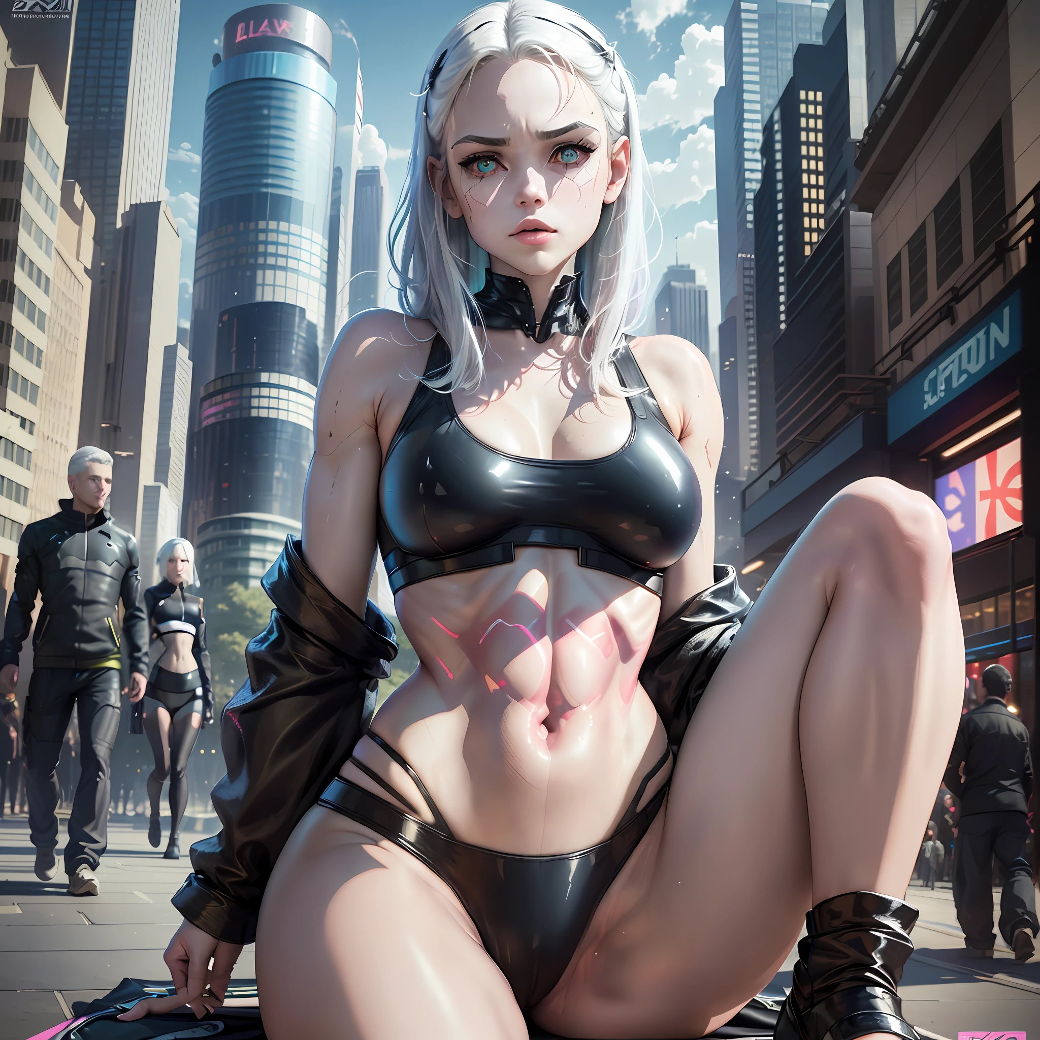 Cyberpunk Edgerunners, 1girl, Lucy \(cyberpunk\), blue eyes, cyber eyes,, pale skin, petite figure, (huge chest, wild girl, small head)), daylight, sunlight, (perfect body: 1,5), (young), (short wavy hair: 1,2), white hair, ((hair with bangs)), collar, full length, crowded street, wearing a tight cropped ((black latex sports bra), ((black latex panties) ),black latex panties, (extremely detailed CG 8k wallpaper), (an extremely delicate and beautiful), (masterpiece), (best quality: 1.0), (ultra high resolution: 1.0), gorgeous lighting, perfect flashes , realistic shadows, [high res], detailed skin, extremely detailed, pale skin, camel toe, barefoot, home on white coach,