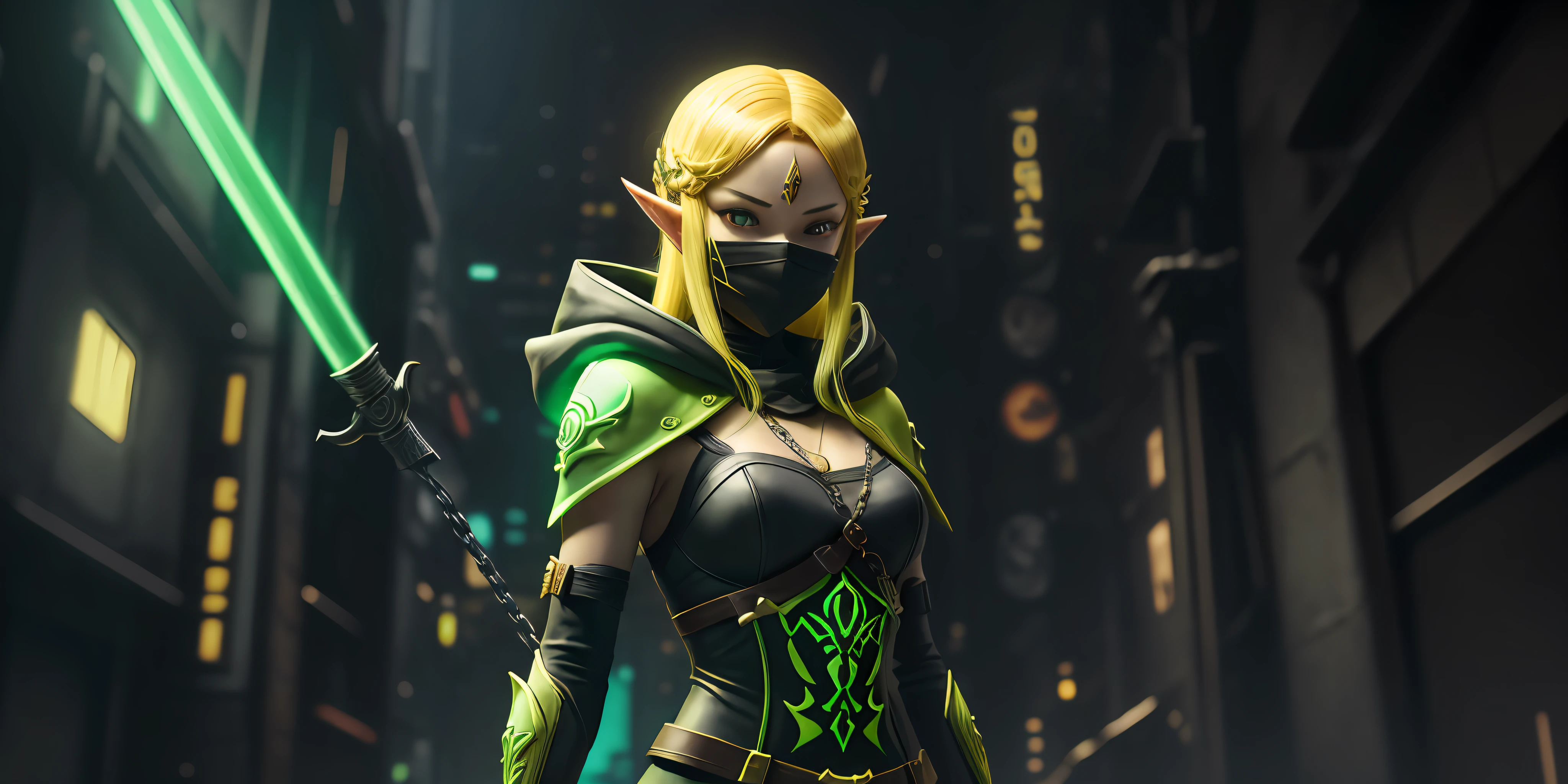 A full-body shot of Princess Zelda, yellow hair, yellow eyes, dressed as a Trudy from the matrix in black+neon green with a black mask and hood with green details, XL bust, holding a flaming Kunai attached to a chain. Background: Cybercity created in the Matrix at night. Unreal Engine 5, Anime, Anime style, Masterpiece, Well drawn eyes, well drawn face, well detailed eyes, well detailed face, 8k, light and shadow effect. --auto --s2