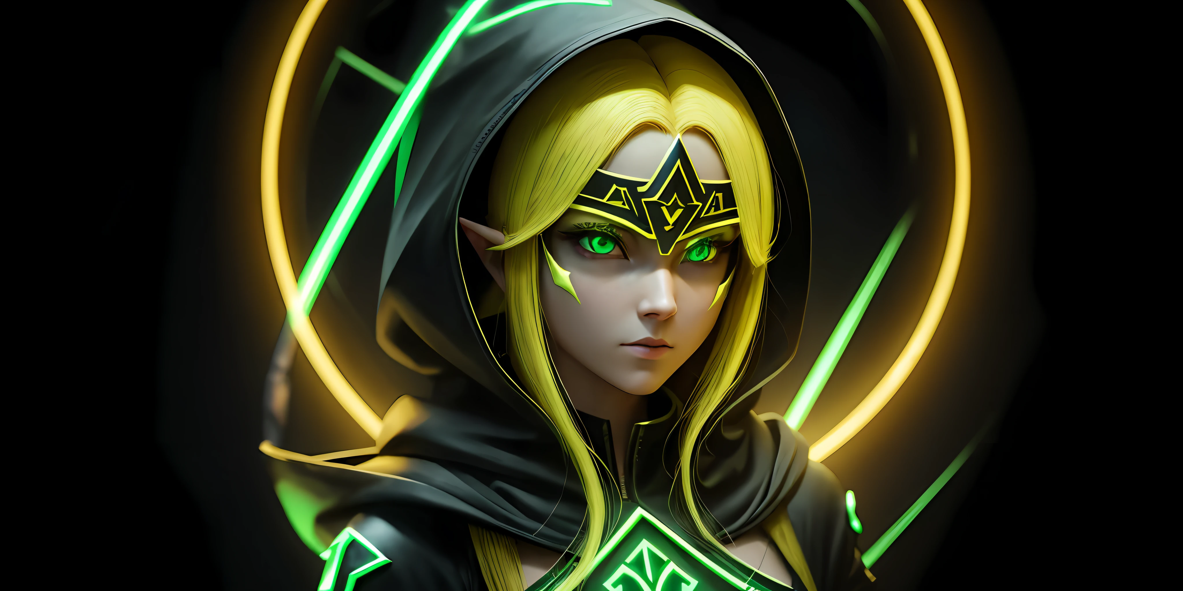 A full-body shot of Princess Zelda, yellow hair, yellow eyes, dressed as a Trudy from the matrix in black+neon green with a black mask and hood with green details, XL bust, holding a flaming Kunai attached to a chain. Background: Cybercity created in the Matrix at night. Unreal Engine 5, Anime, Anime style, Masterpiece, Well drawn eyes, well drawn face, well detailed eyes, well detailed face, 8k, light and shadow effect. --auto --s2