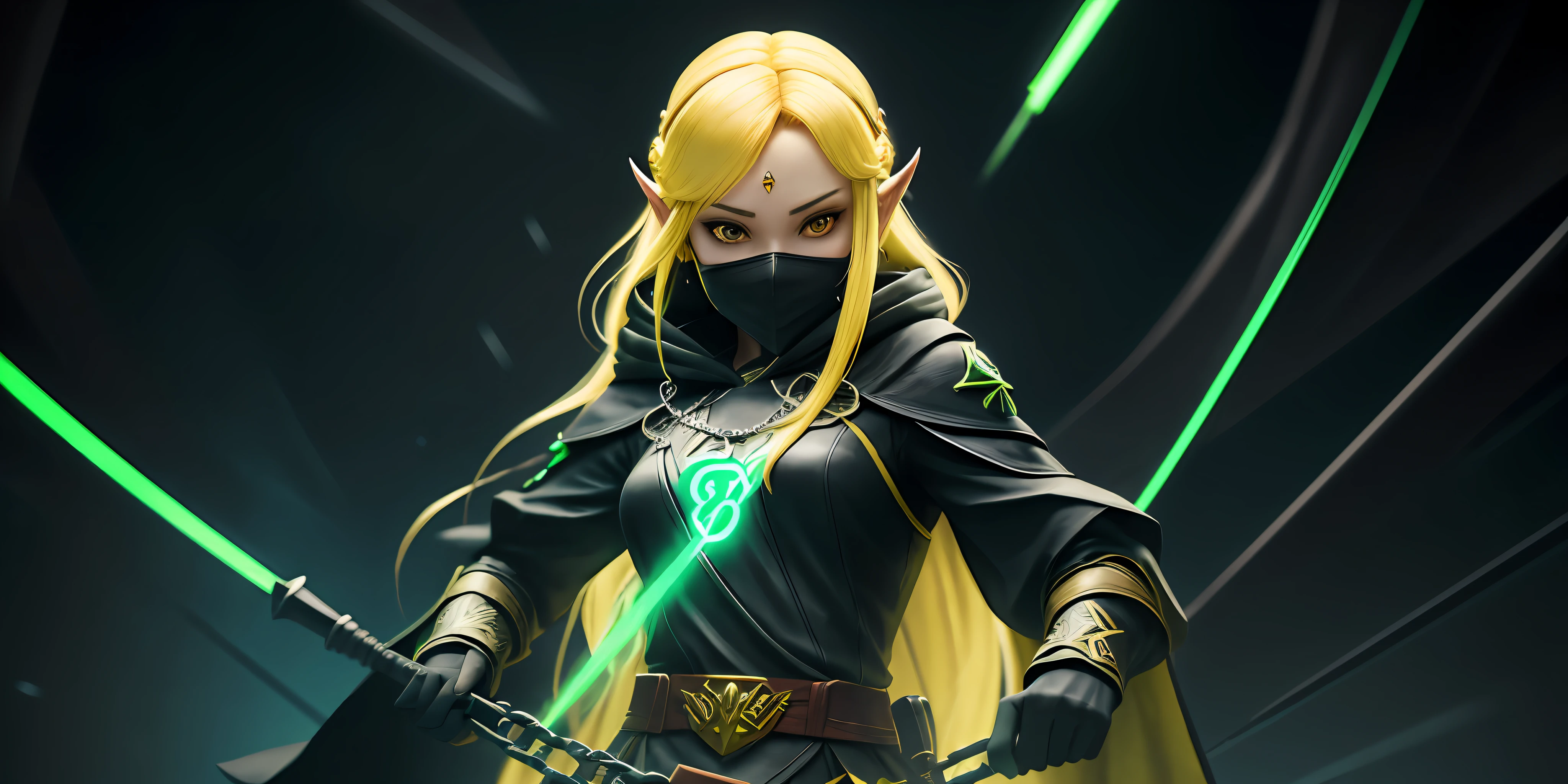 A full-body shot of Princess Zelda, yellow hair, yellow eyes, dressed as a Trudy from the matrix in black+neon green with a black mask and hood with green details, XL bust, holding a flaming Kunai attached to a chain. Background: Cybercity created in the Matrix at night. Unreal Engine 5, Anime, Anime style, Masterpiece, Well drawn eyes, well drawn face, well detailed eyes, well detailed face, 8k, light and shadow effect. --auto --s2
